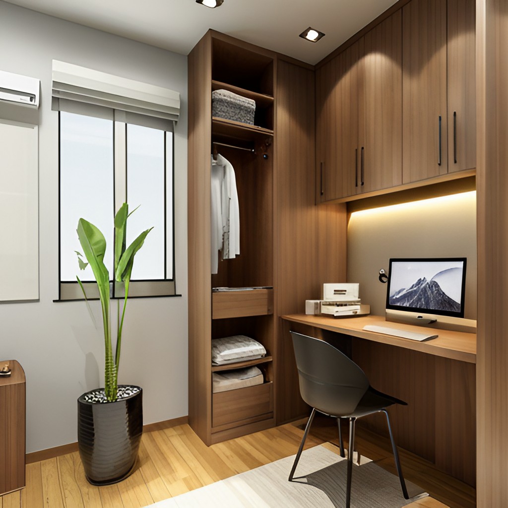 Modern wardrobe design with study table in wooden finish-BeautifulHomes