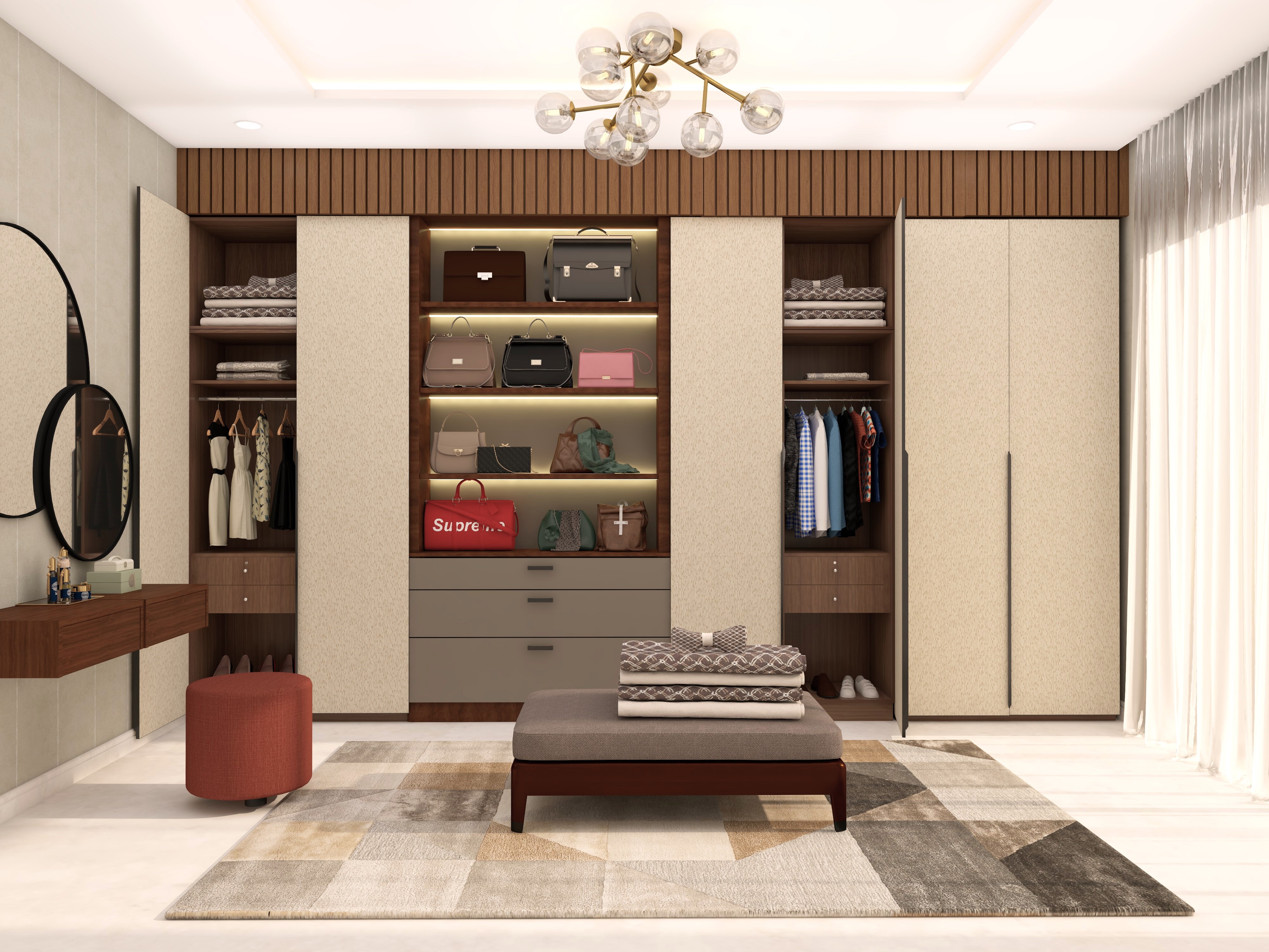 Modern wardrobe with wallpaper shutters and integrated open shelves and drawers - Beautiful Homes