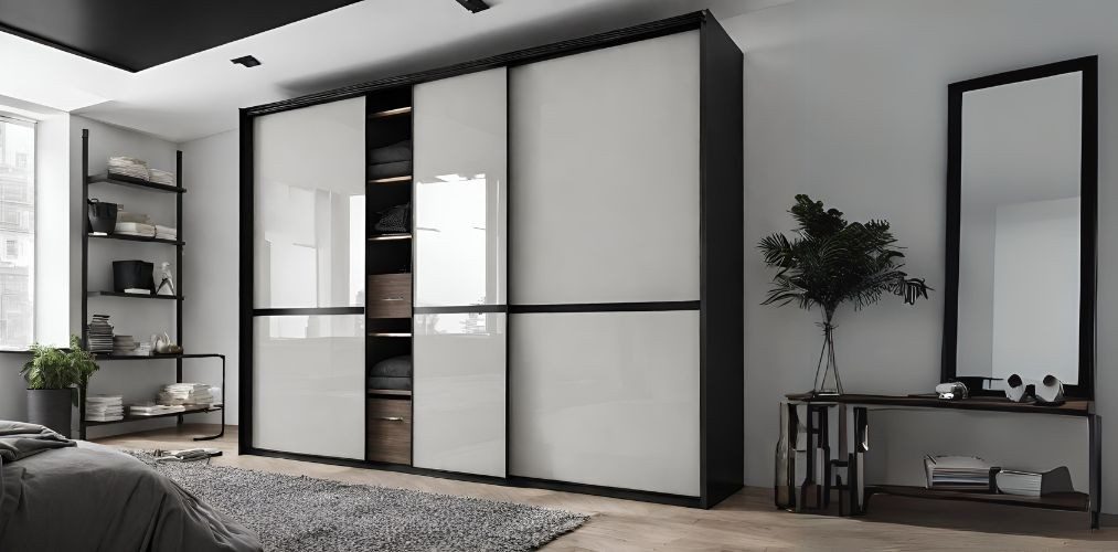 Modern white glossy sliding wardrobe with black shelves - Beautiful Homes