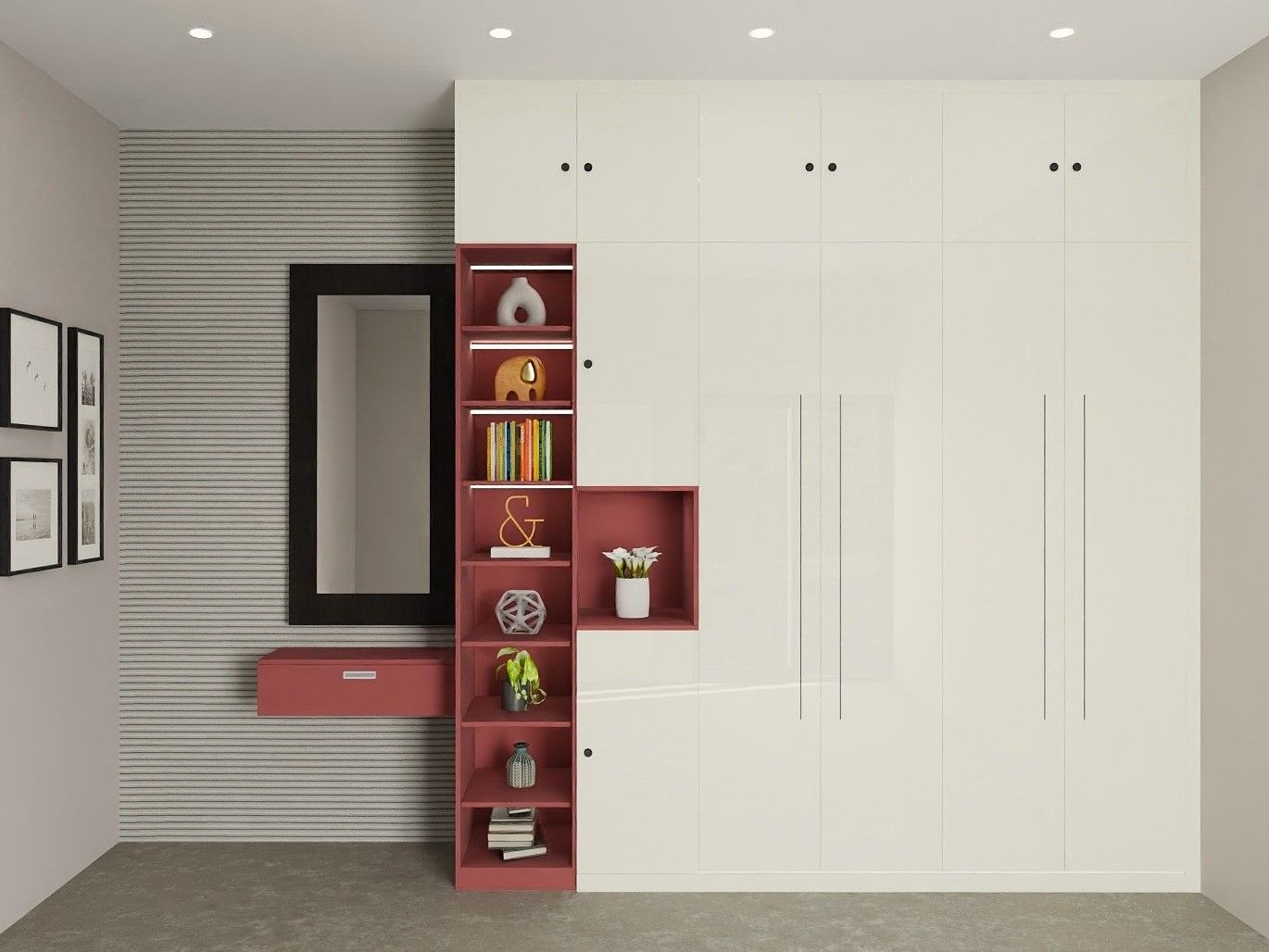 Modern white wardrobe design with rose accent shelves and dresser unit