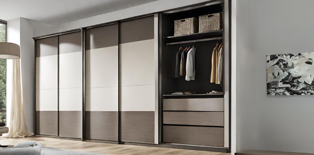 Off-white and brown sliding wardrobe with drawers-Beautiful Homes
