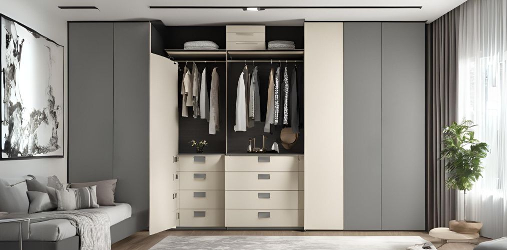 Off-white and grey laminate swing wardrobe design - Beautiful Homes