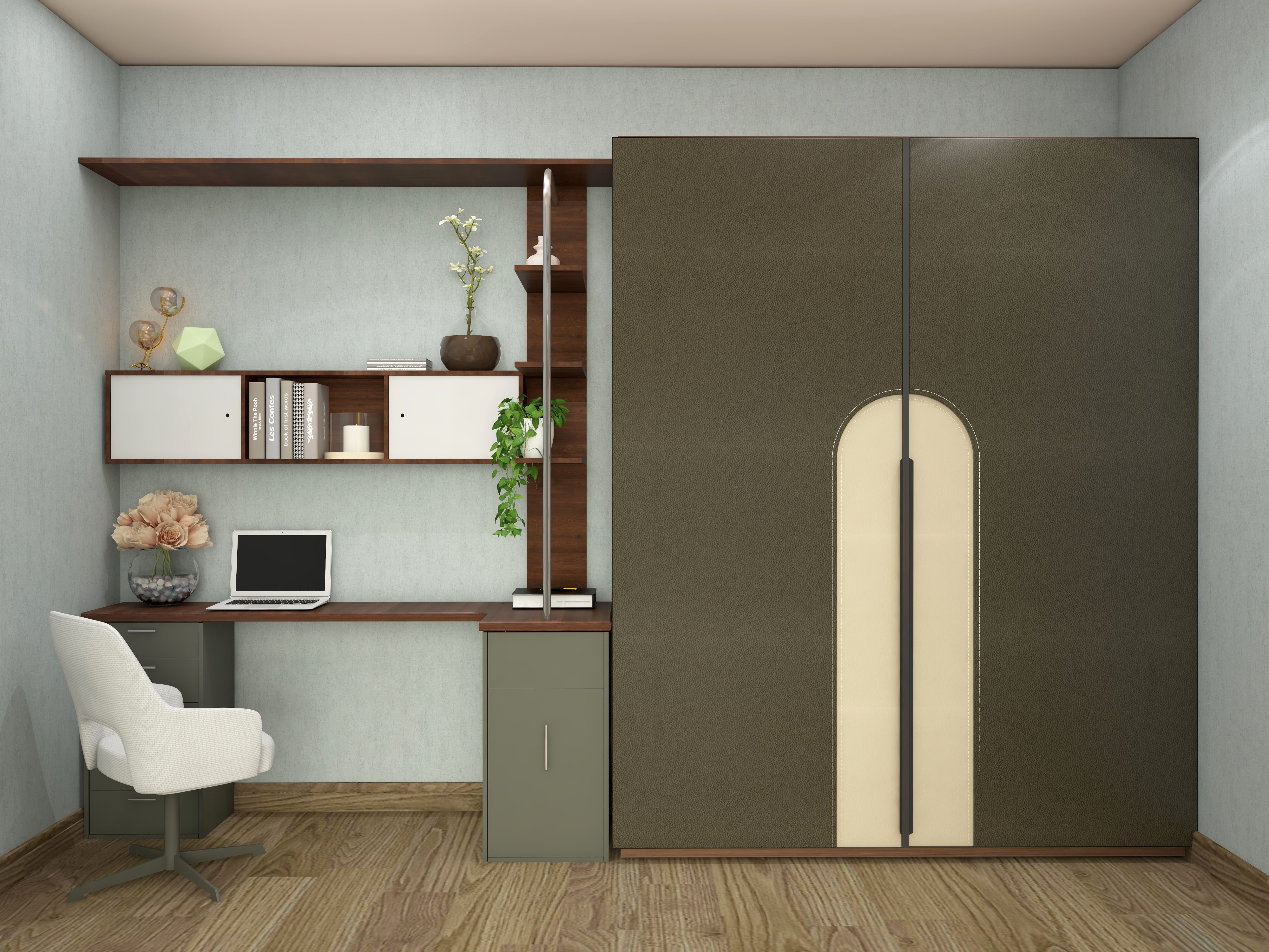 Olive green and brown wardrobe with study table - Beautiful Homes