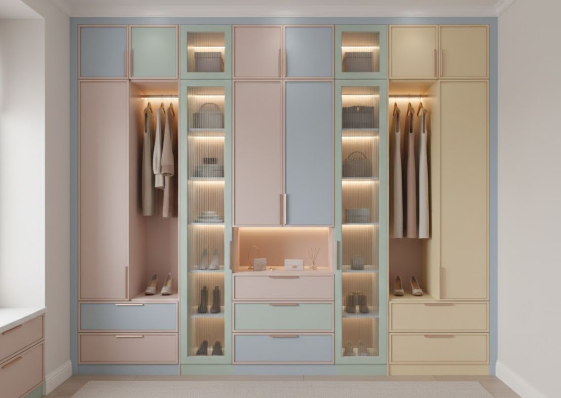 Pastel wardrobe with rose-gold trims and fluted glass shutters Pastel wardrobe with rose-gold trims and fluted glass shutters