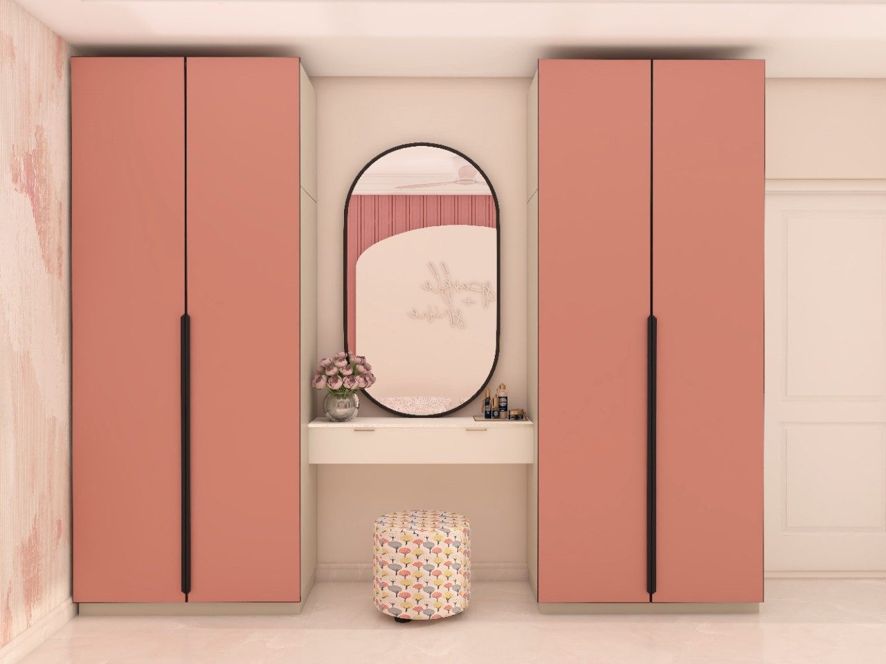 Pink wardrobes with long black handles and dresser with capsule shaped mirror-Beautiful Homes