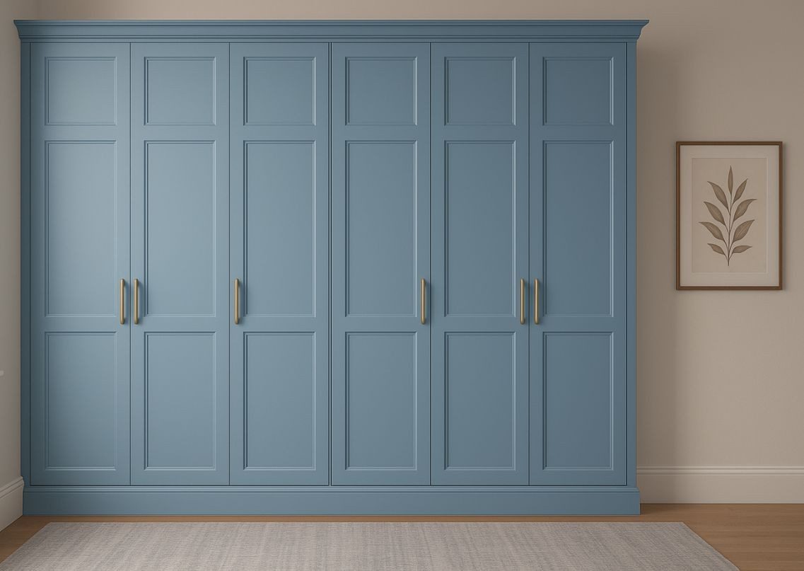 Blue wardrobe with gold handles and neutral décor - Beautiful Homes