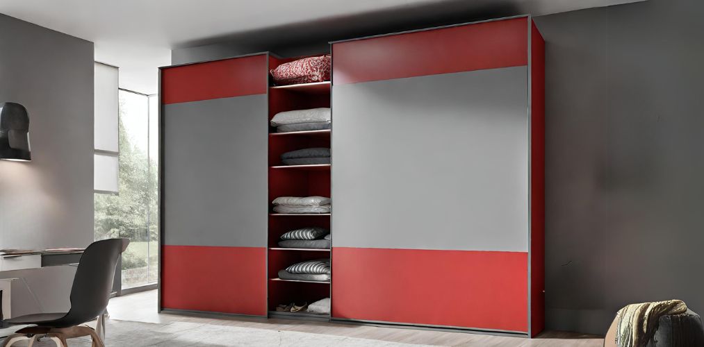 Red and grey sliding wardrobe with open storage unit in centre-Beautiful Homes