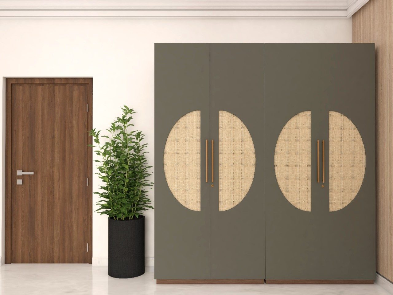 Royal 2.0 hinge wardrobe with PU & cane finish combined shutters - Beautiful Homes