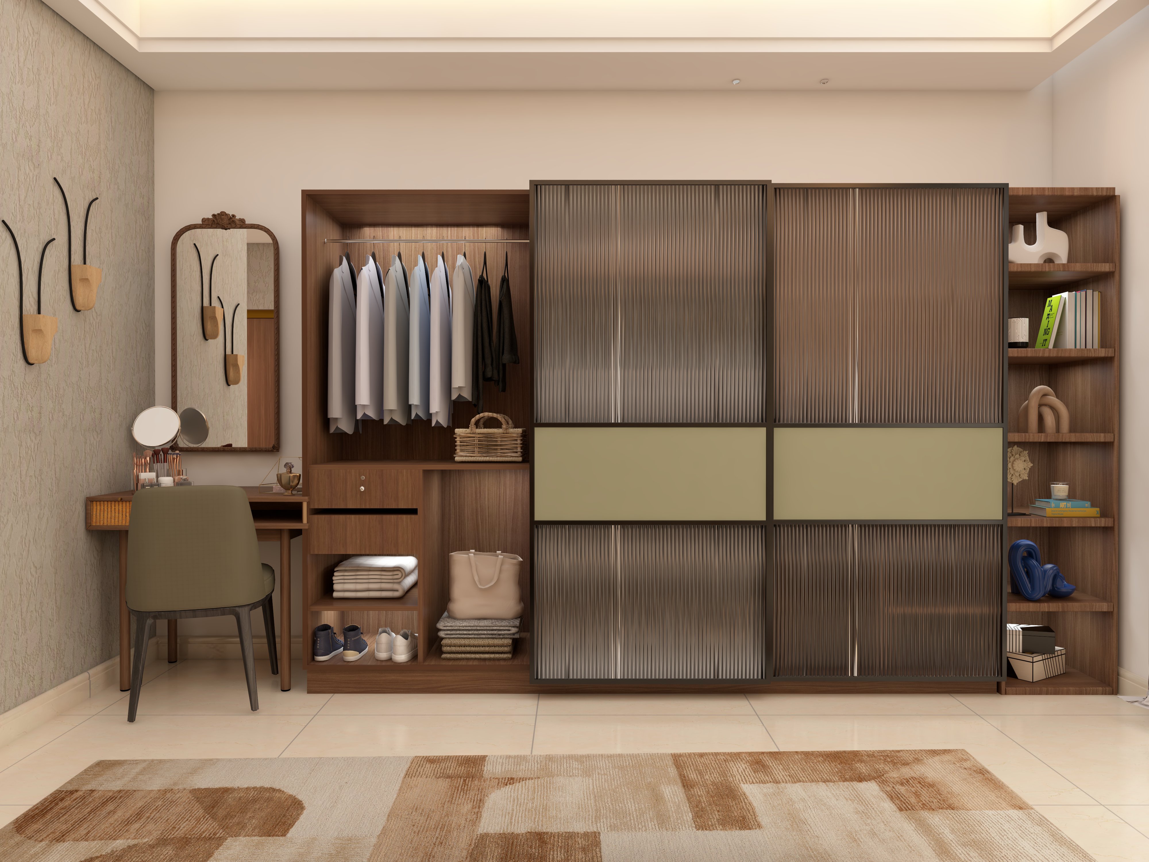 Royal 2.0 sliding wardrobe with flutted glass shutter and integrated dressing table - Beautiful Homes