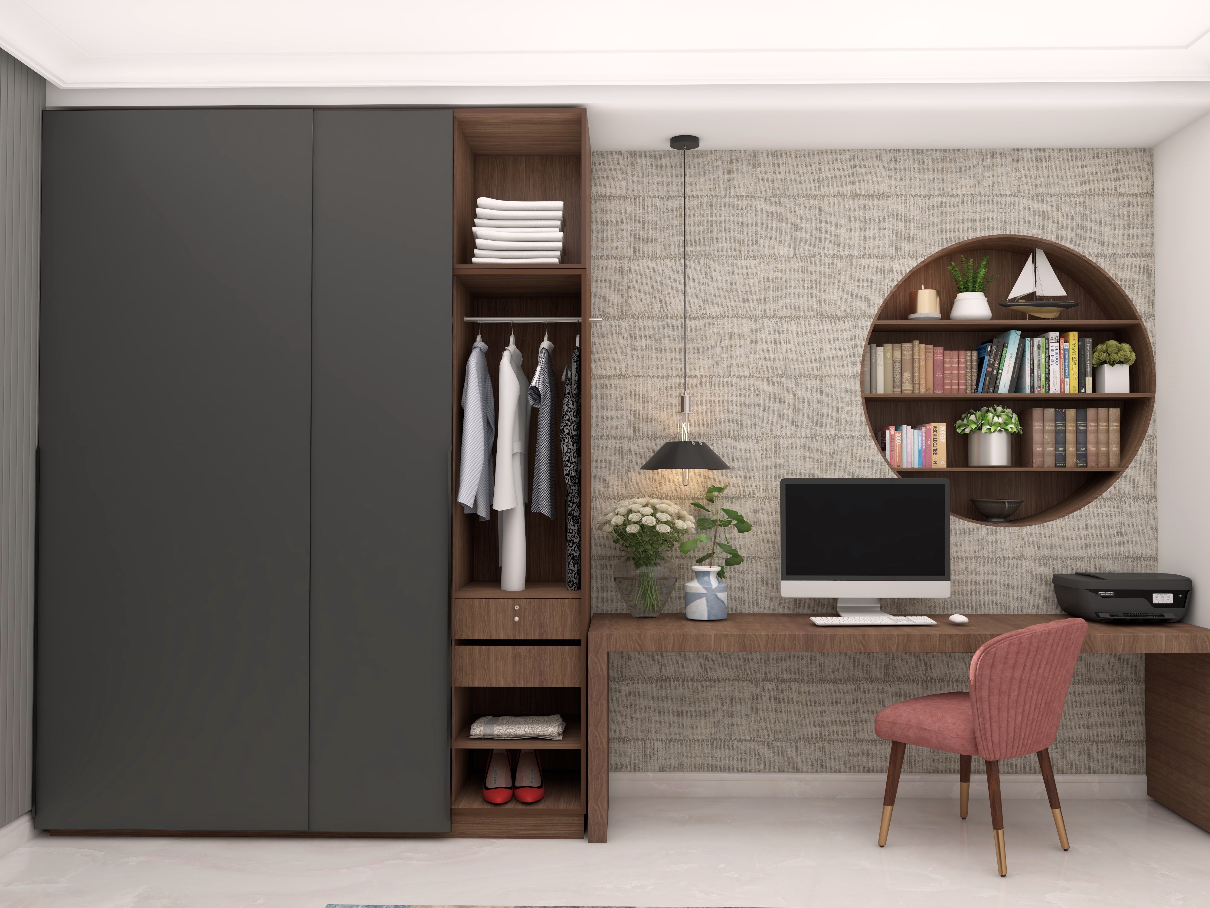 Royal 2.0 sliding wardrobe with PU finish shutter and integrated open shelves - Beautiful Homes