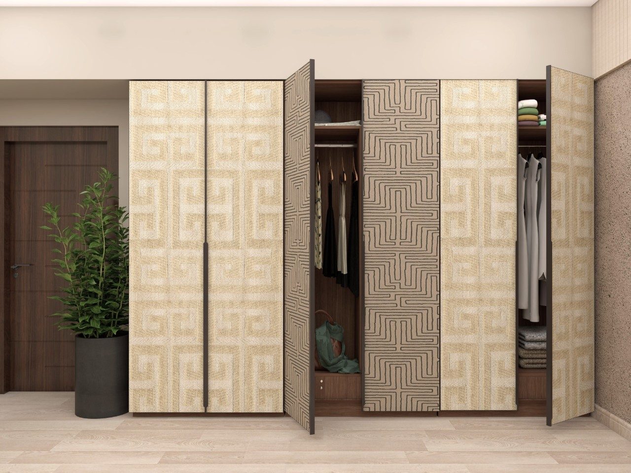 Royale 2.0 hinged wardrobe with a combination of fabric and wallpaper shutters in cream base colour - Beautiful Homes