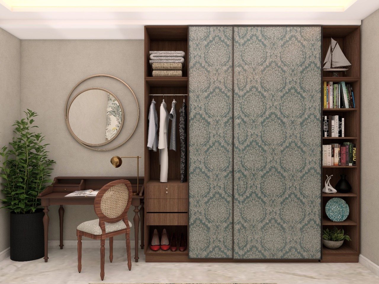 Royale 2.0 sliding wardrobe with wallpaper finish shutters and Nilaya study table and chair - Beautiful Homes