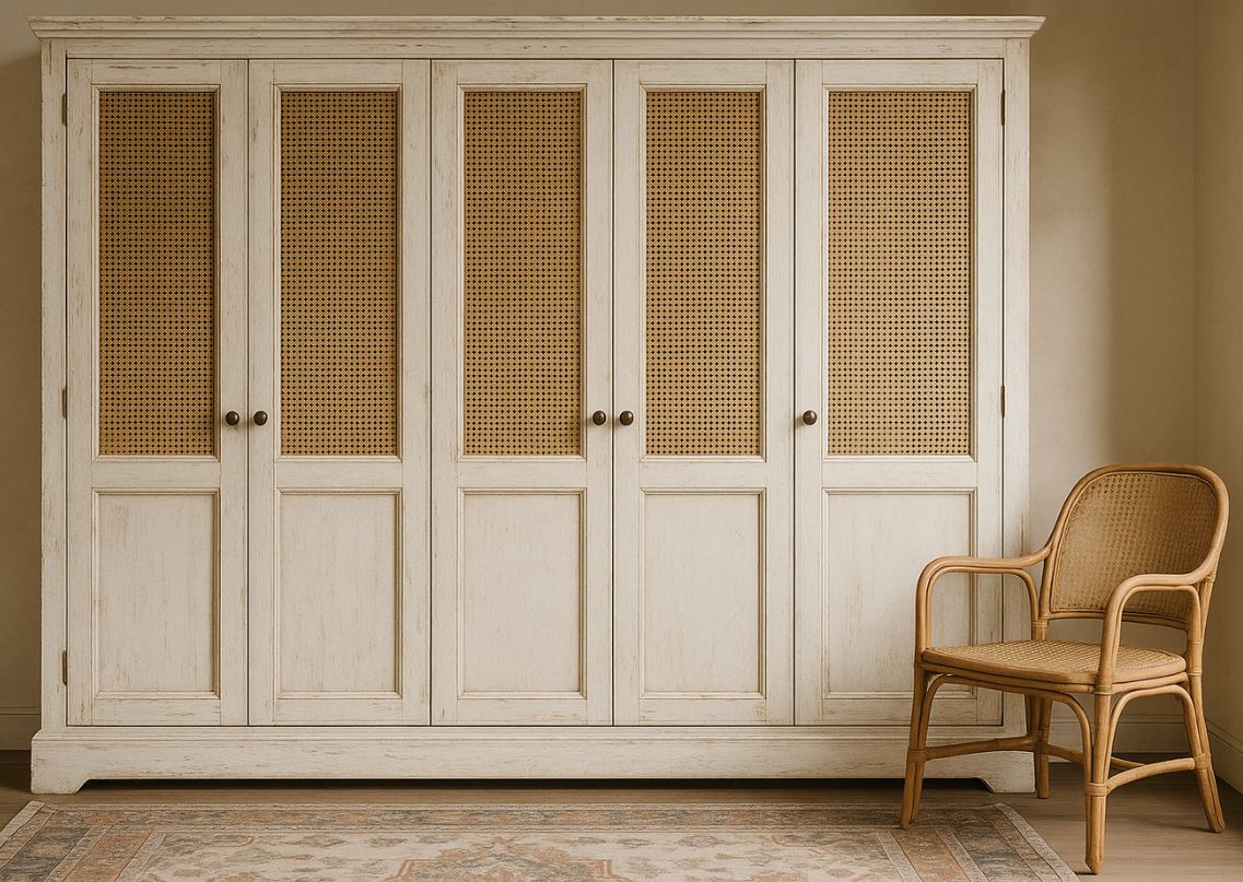 Wooden wardrobe with cane panels and rattan chair - Beautiful Homes