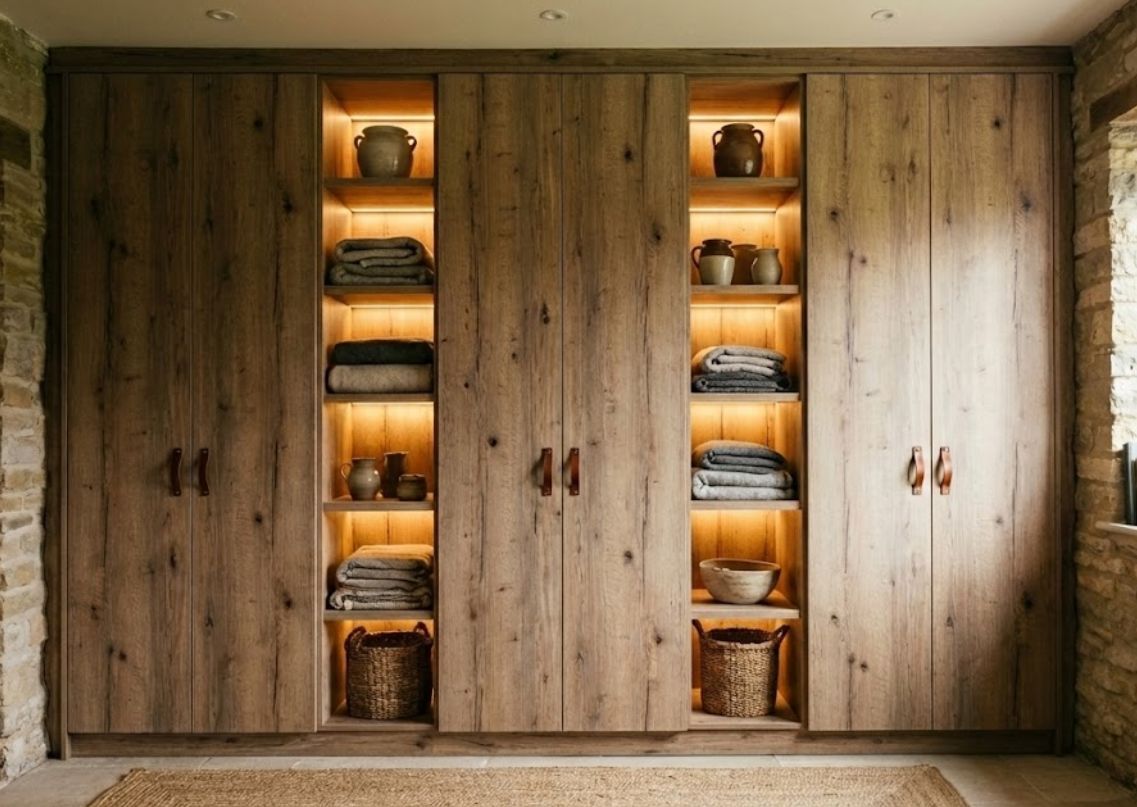 Rustic oak pattern laminate wardrobe with built-in shelves
