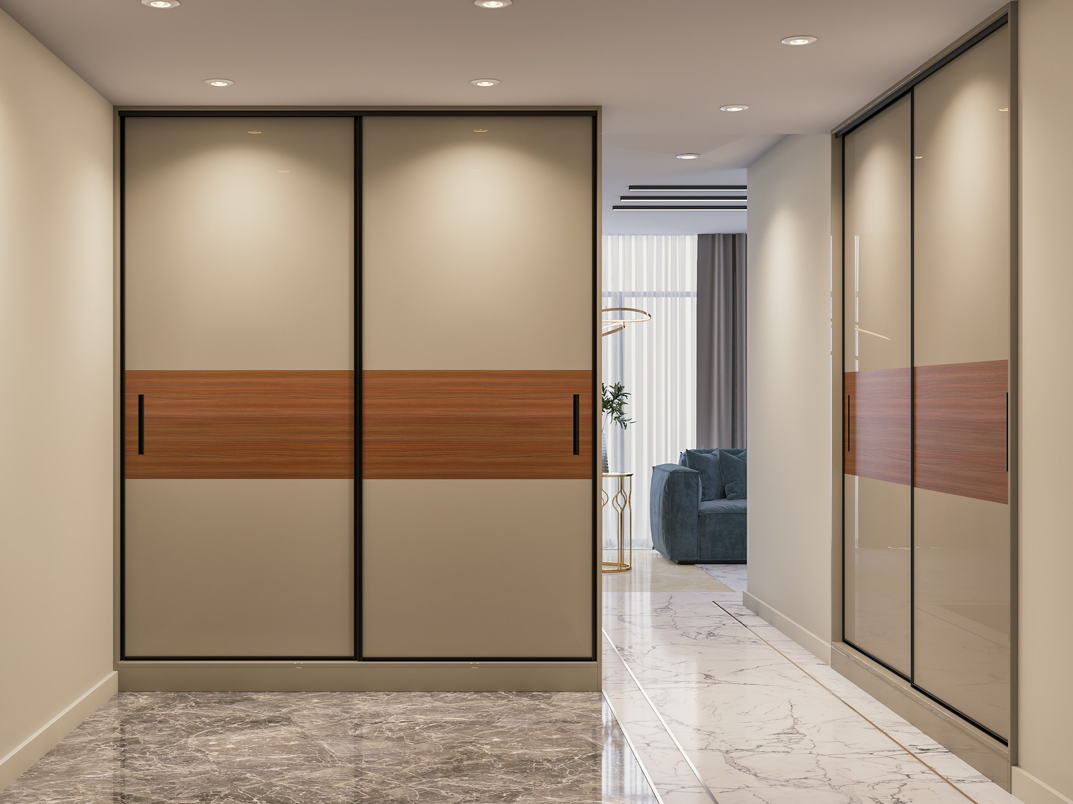 Sliding wardrobe with beige laminate and wooden accent - Beautiful Homes