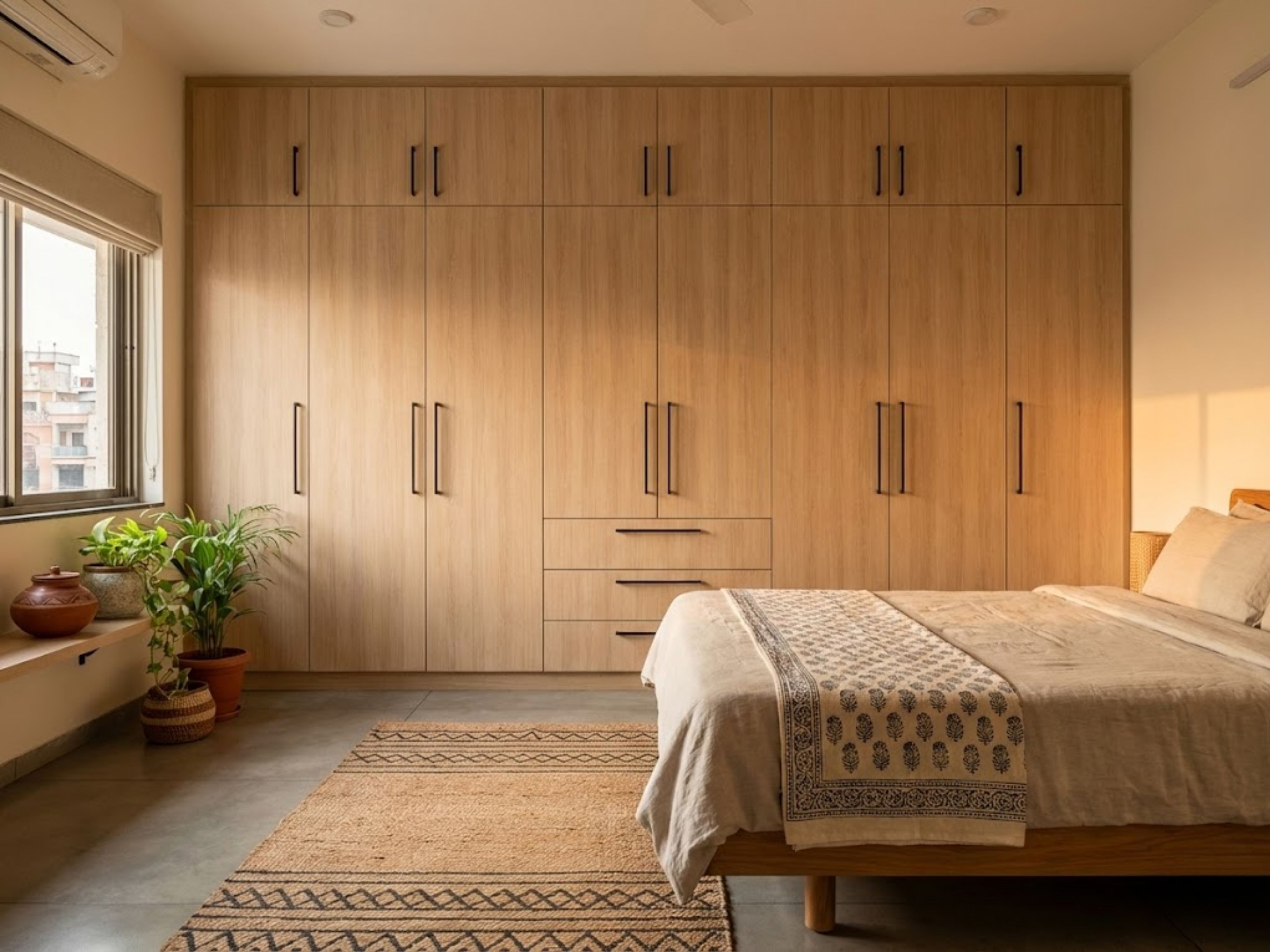 Bedroom with wooden wardrobe and minimalist décor - Beautiful Homes
