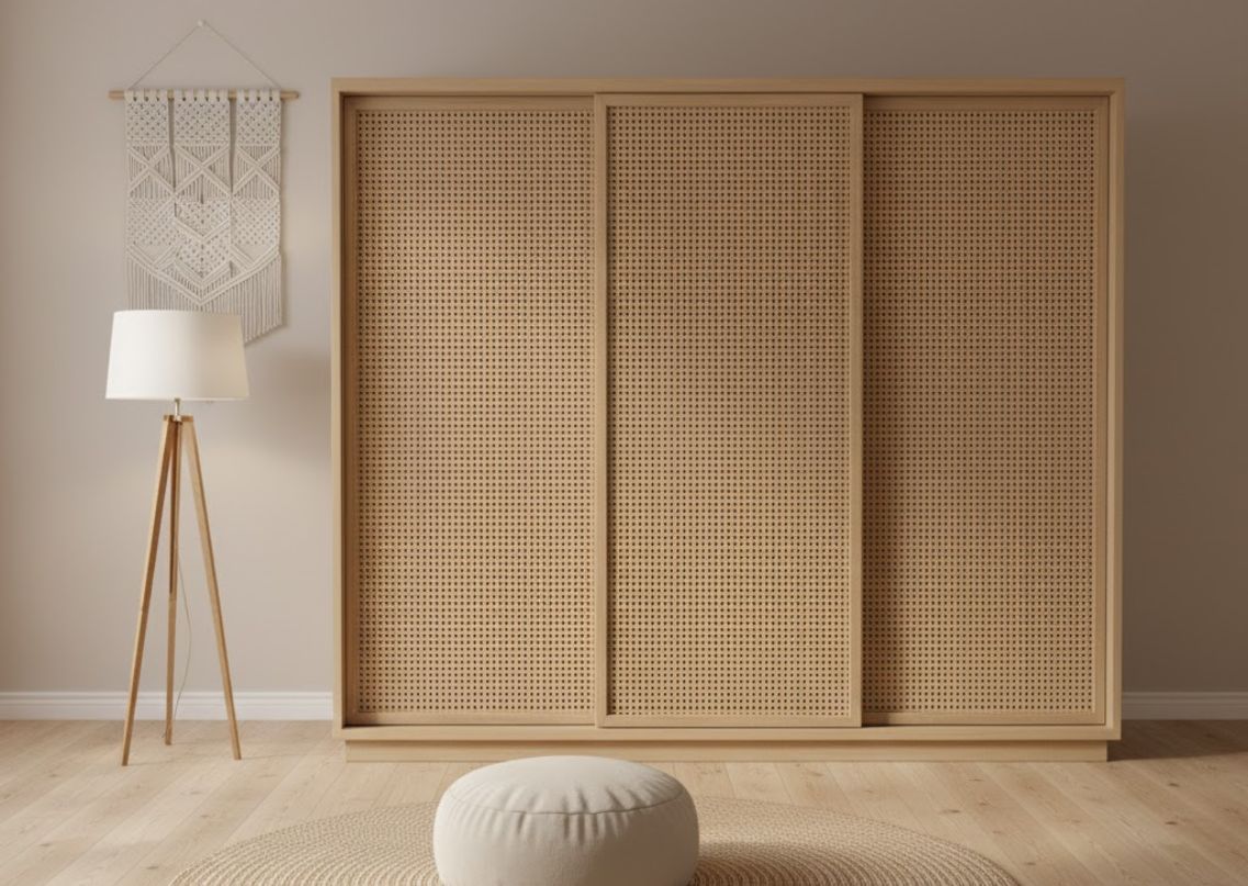 Wooden wardrobe with sliding perforated panels - Beautiful Homes
