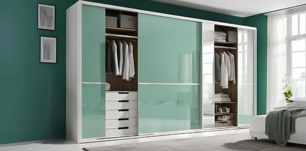 Sea green and white sliding wardrobe with internal layout - Beautiful Homes