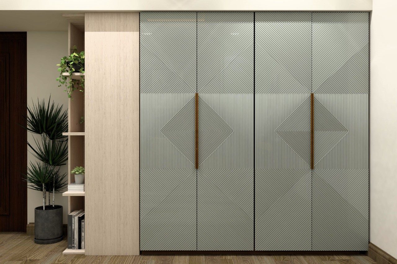 Sea green wardrobe design with geometric pattern on laminate-Beautiful Homes