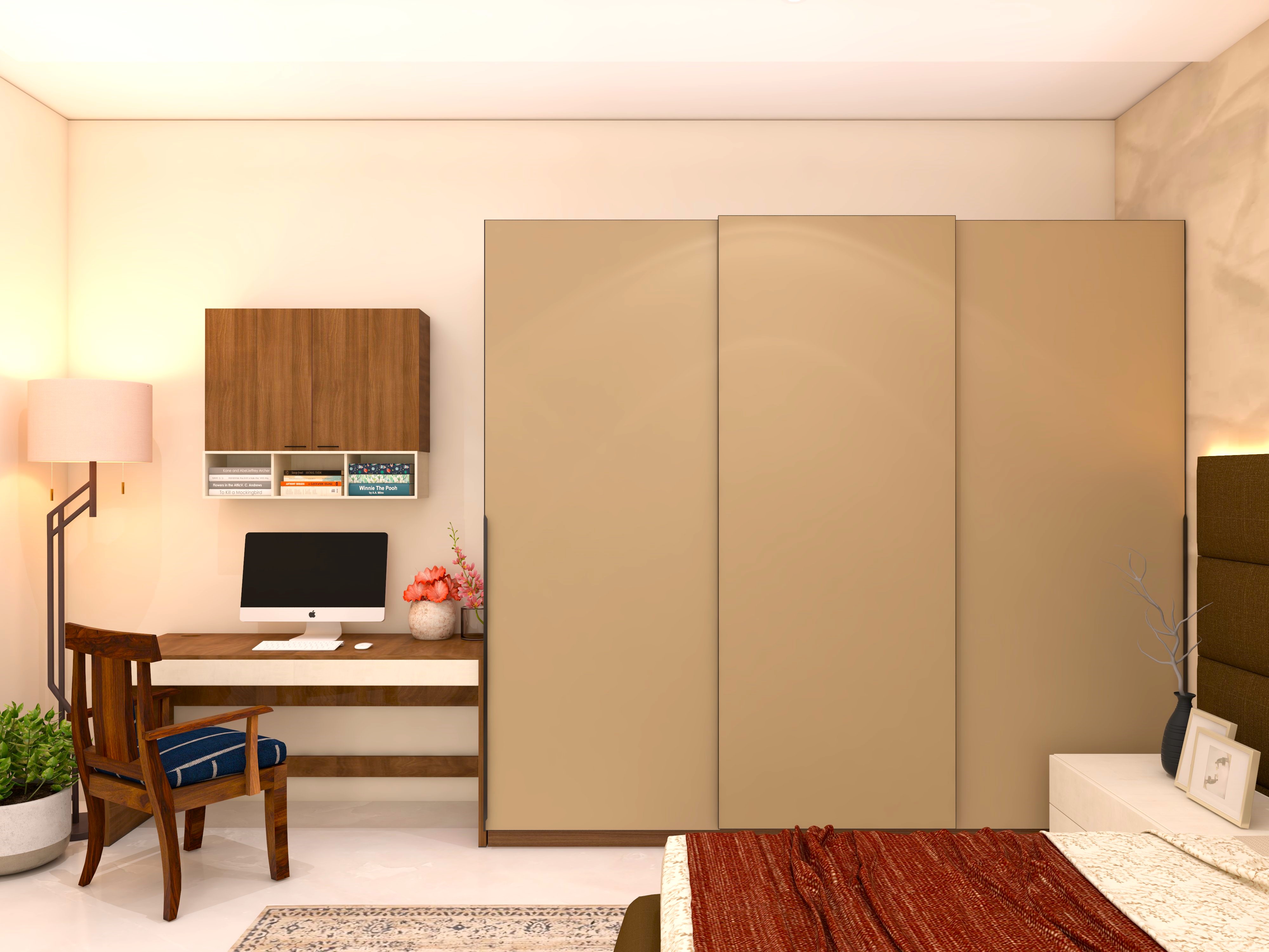 Simple beige sliding wardrobe with wooden computer table-Beautiful Homes
