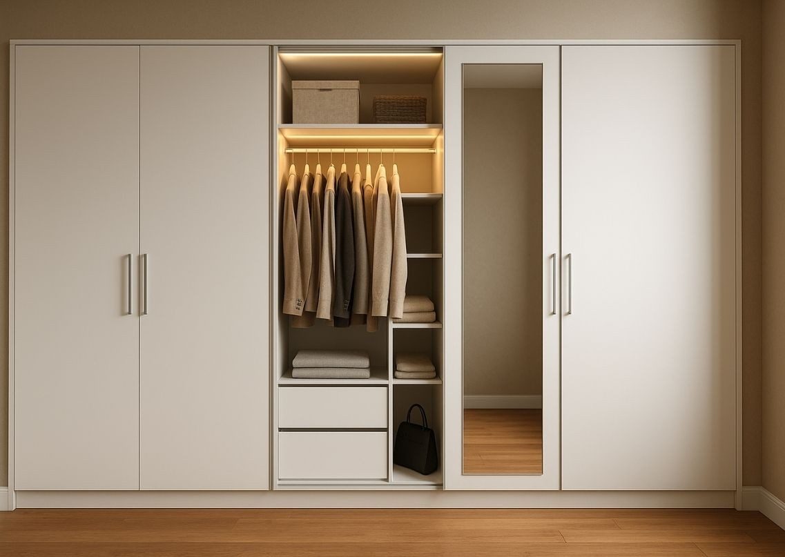 Modern white wardrobe with mirror and storage - Beautiful Homes