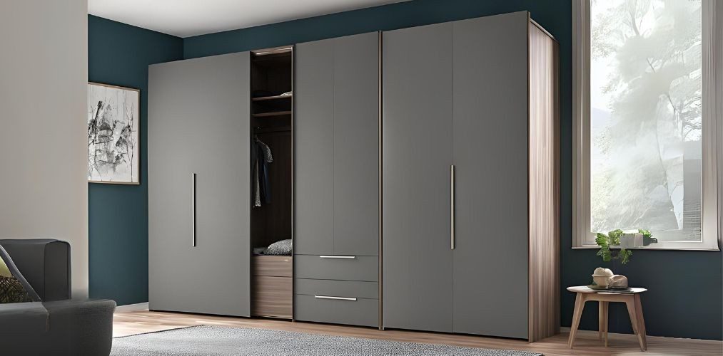 Slate grey wardrobe design with dresser - Beautiful Homes