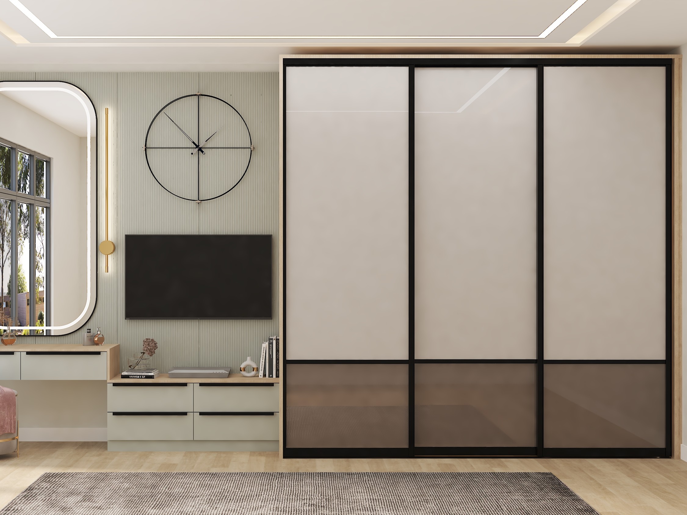 Bedroom with sliding wardrobe and TV unit - Beautiful Homes