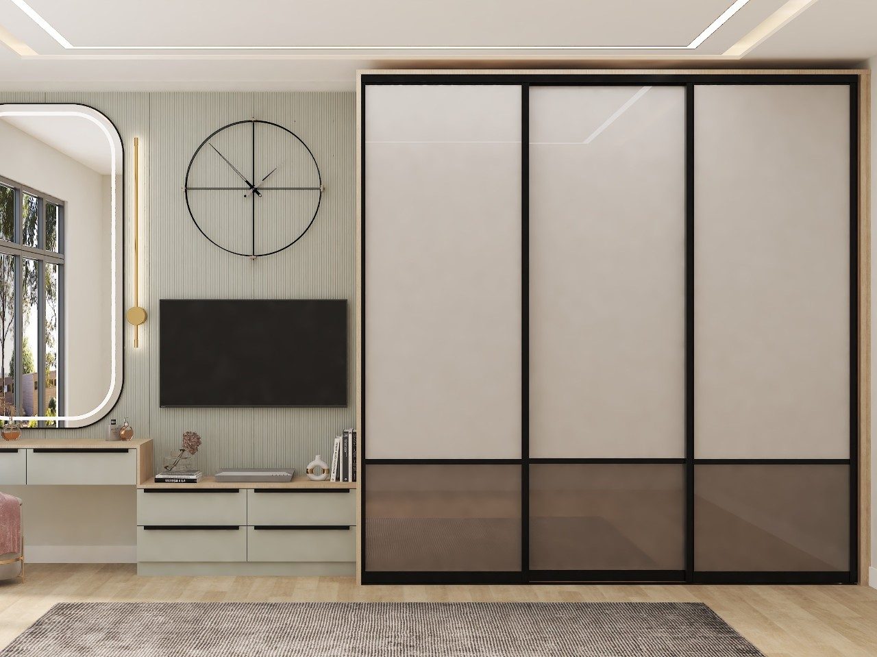 Bedroom with sliding wardrobe and TV unit - Beautiful Homes