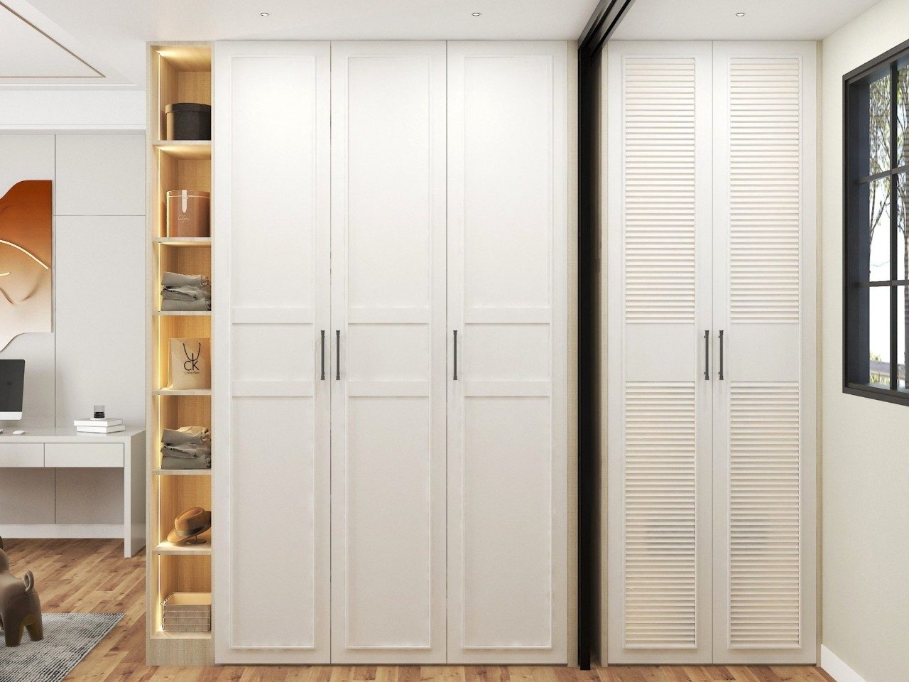 Modern white wardrobe with hinged doors and shelves - Beautiful Homes