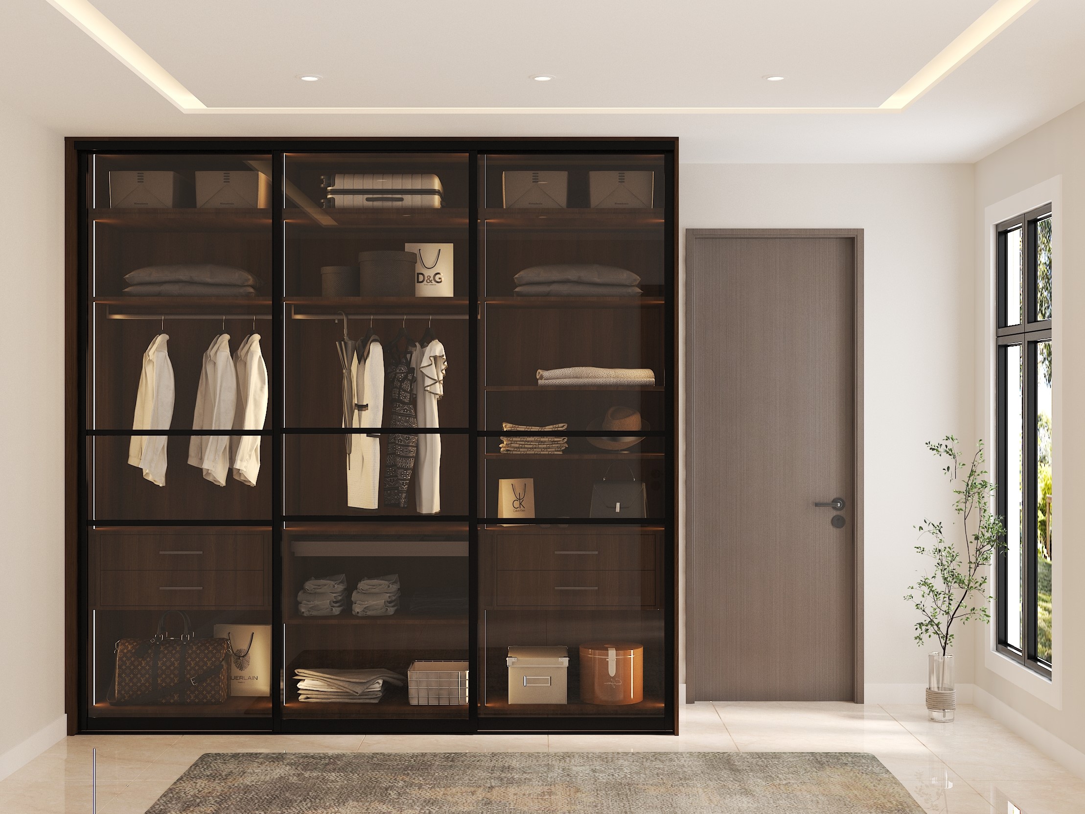 Glass sliding wardrobe with wooden interior design - Beautiful Homes
