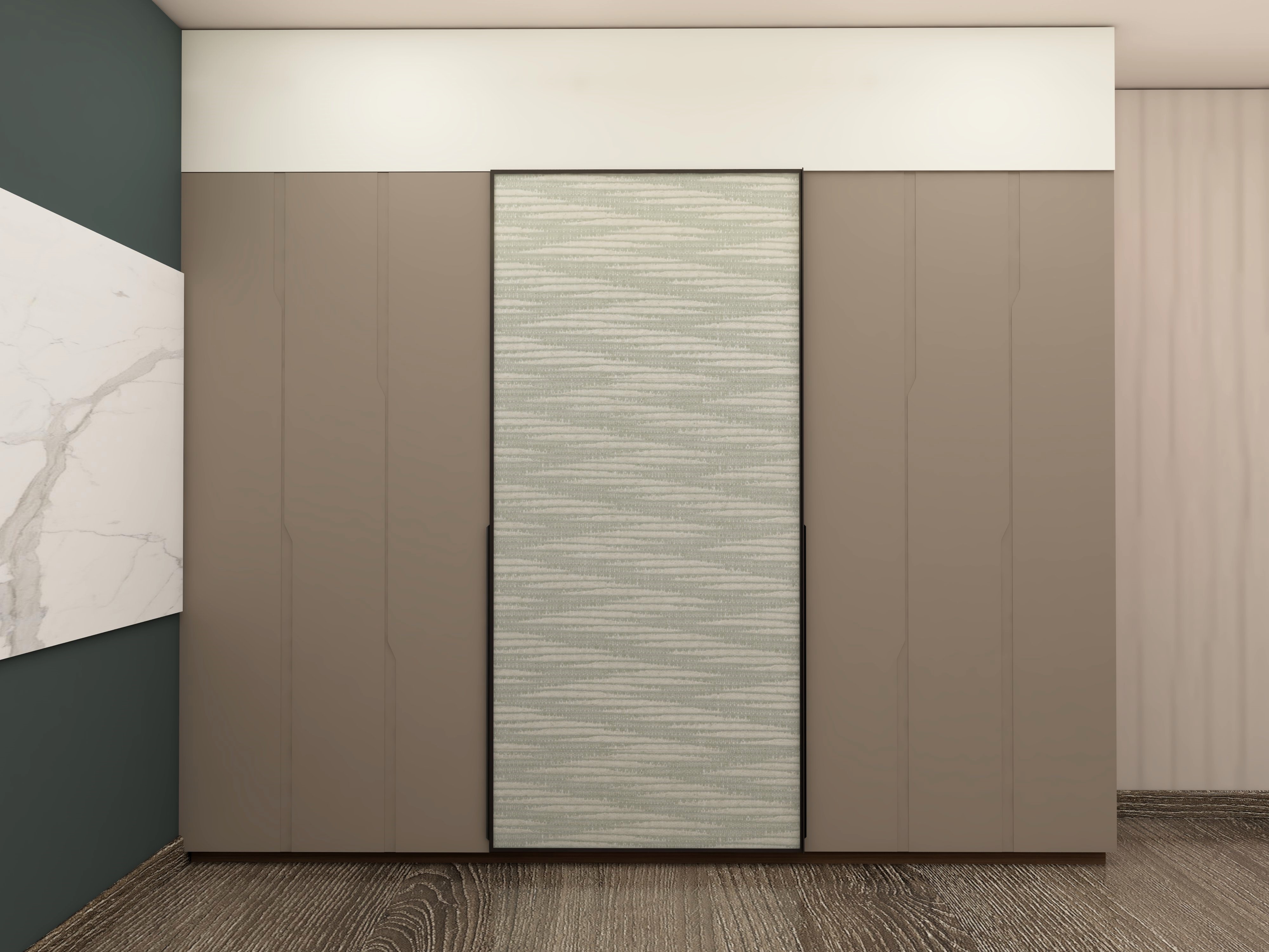 Sliding wardrobe design with beige side shutters and central shutter with fabric laminate-Beautiful Homes