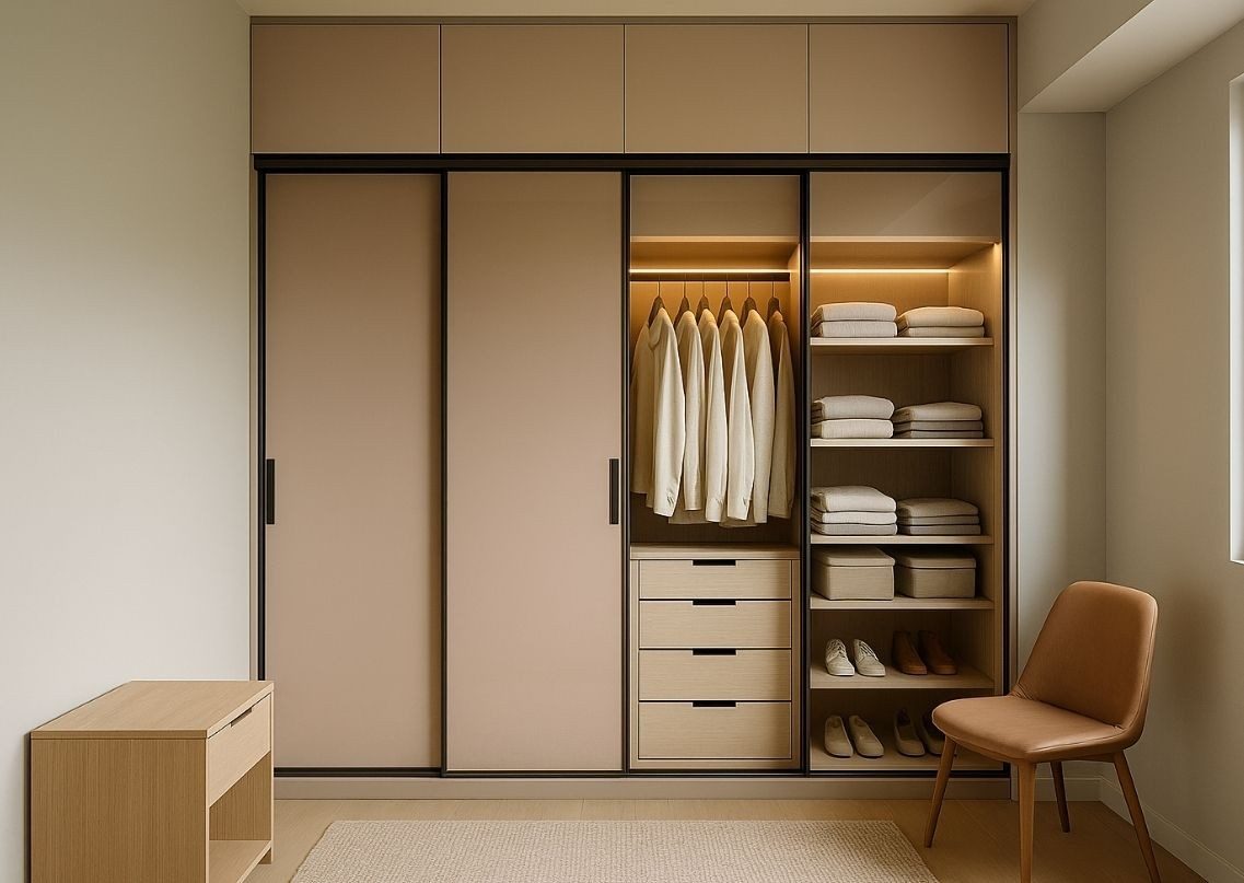 Beige sliding wardrobe with open shelves and lighting - Beautiful Homes
