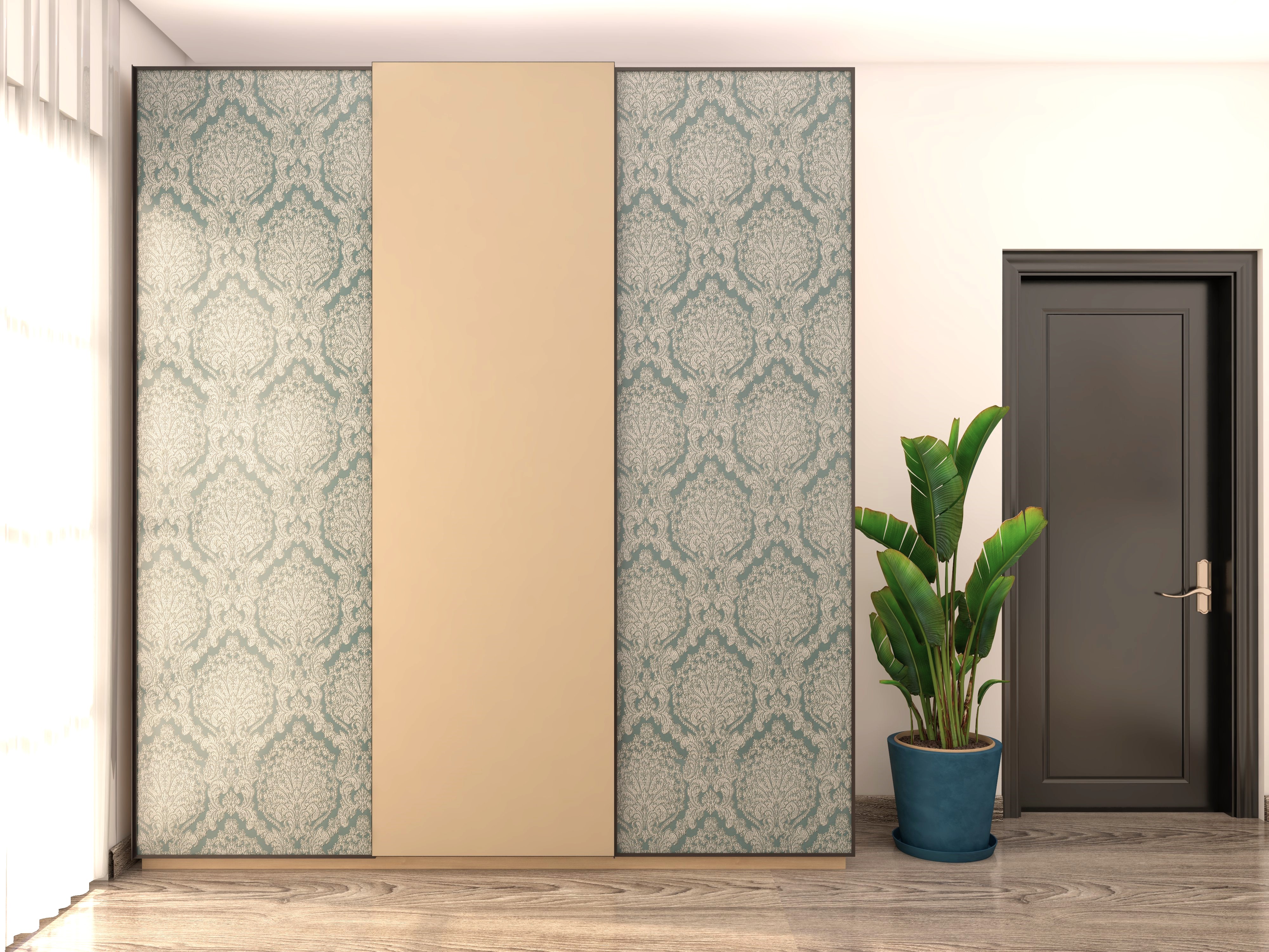 Sliding wardrobe design with patterned laminate and central beige shutter-Beautiful Homes