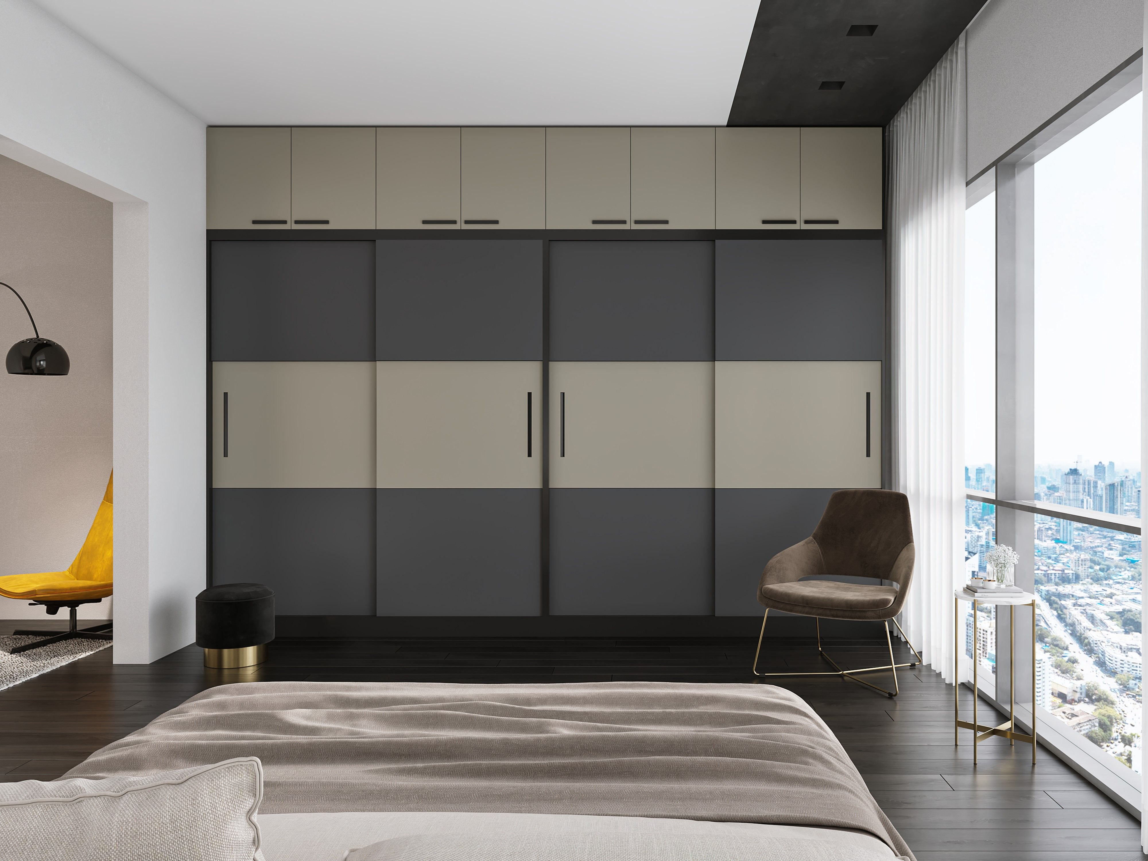 Modern bedroom with sliding wardrobe and loft - Beautiful Homes