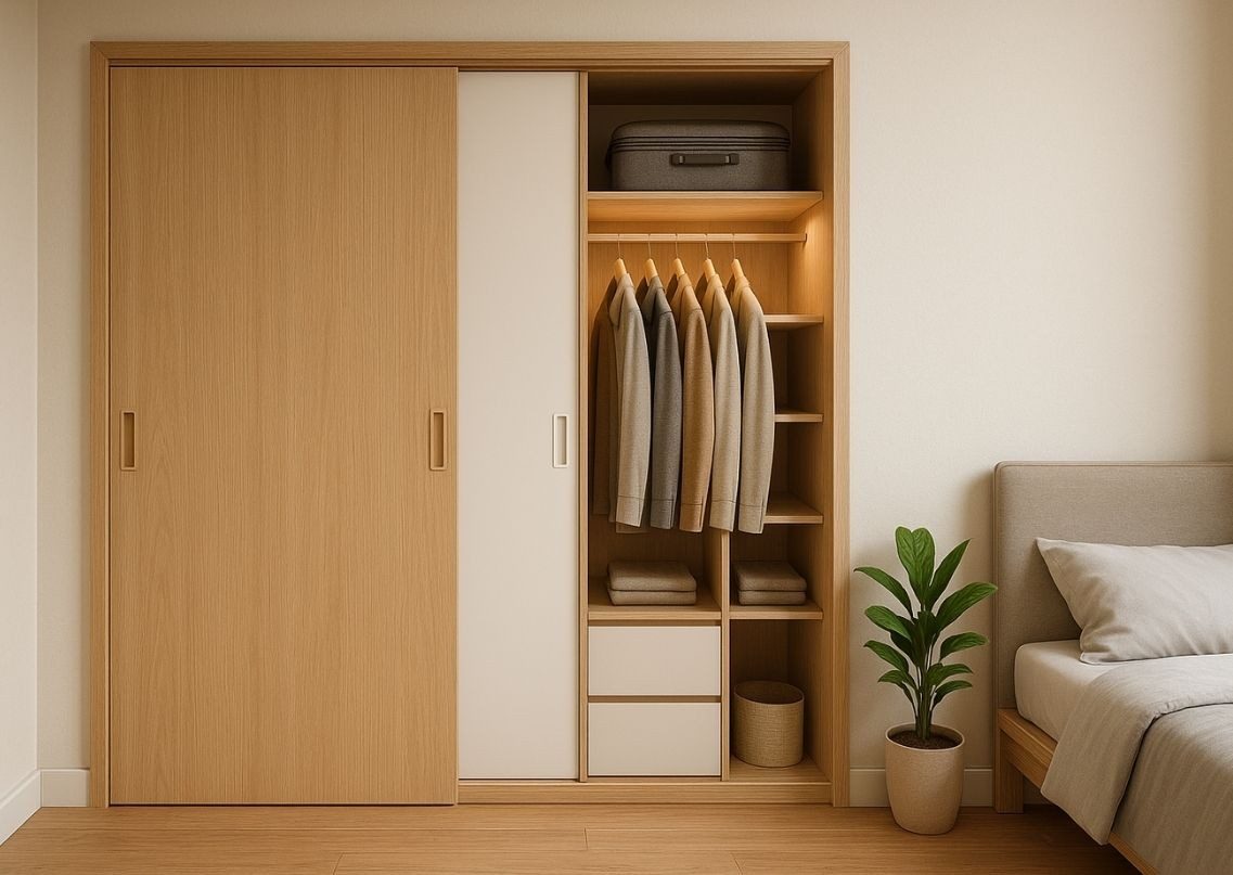 Modern sliding wardrobe with wooden finish - Beautiful Homes