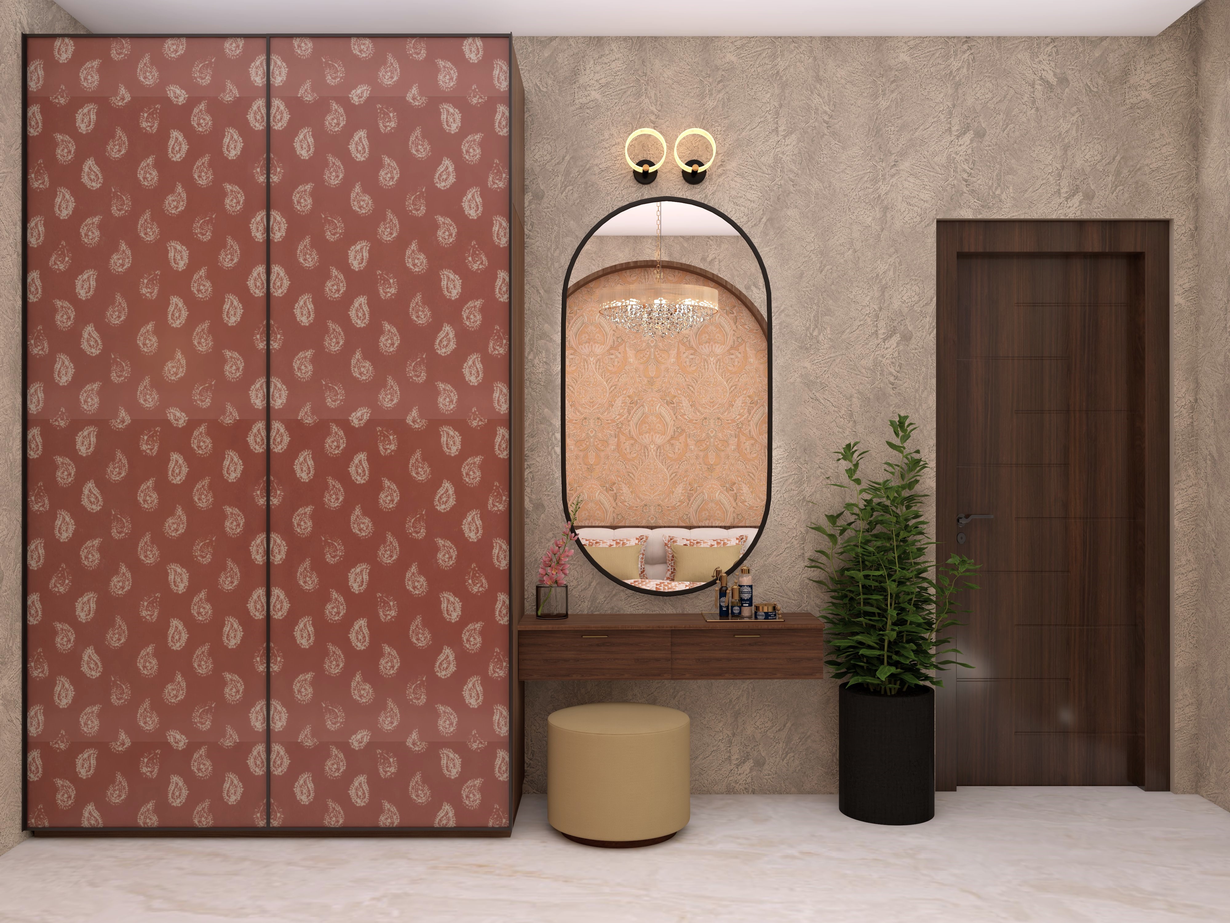 Sliding wardrobe laminate with Nilaya wallpaper and capsule shaped mirror - Beautiful Homes
