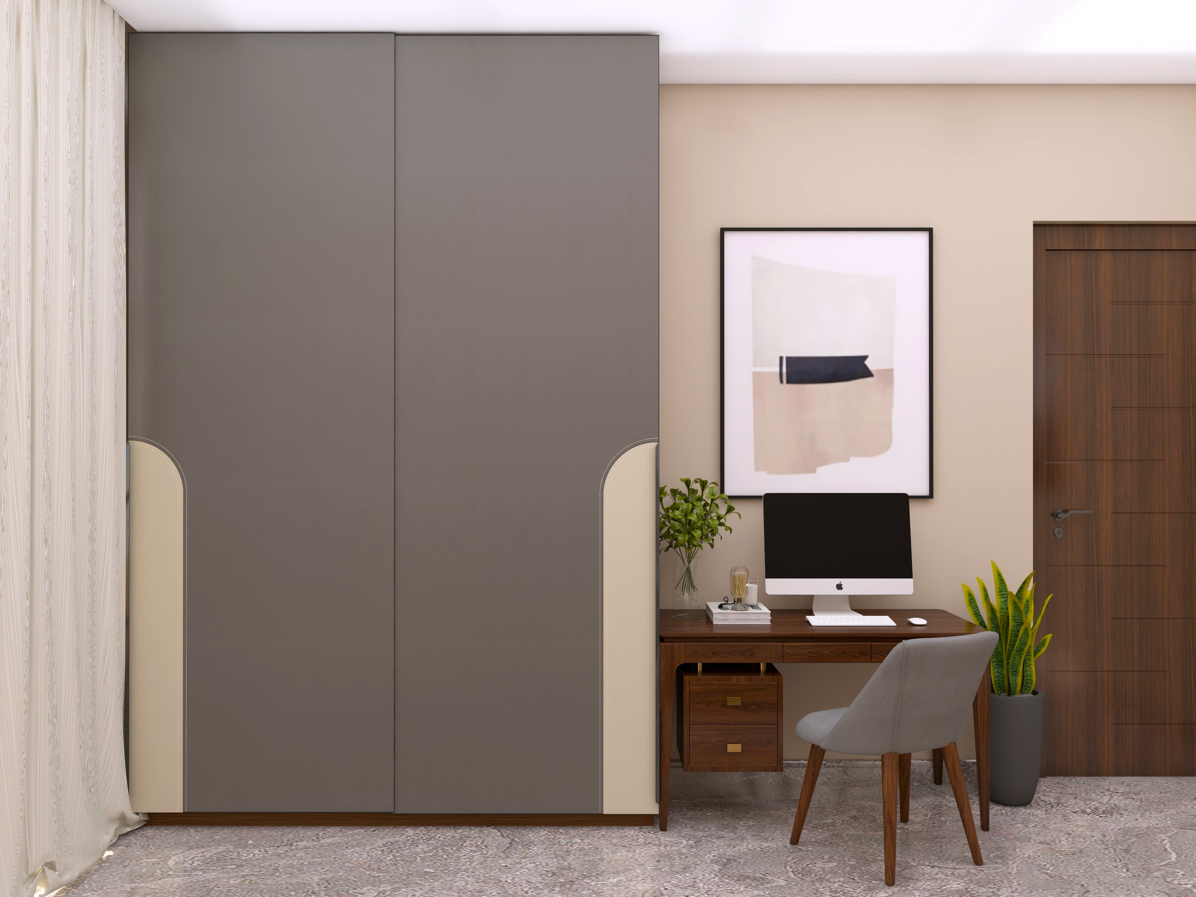 Sliding wardrobe shutter with leatherette finish and wooden study table - Beautiful Homes