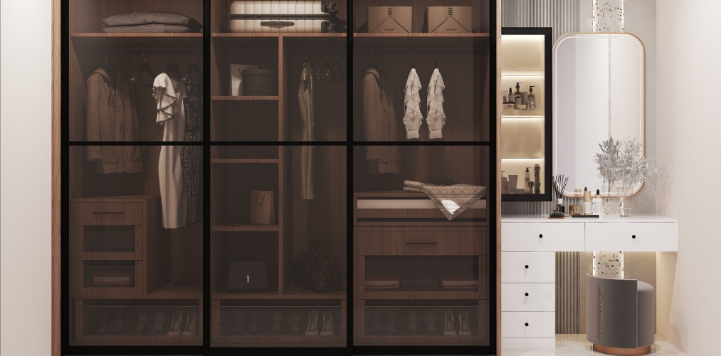 Sliding wardrobe with black glass and white dresser-Beautiful Homes