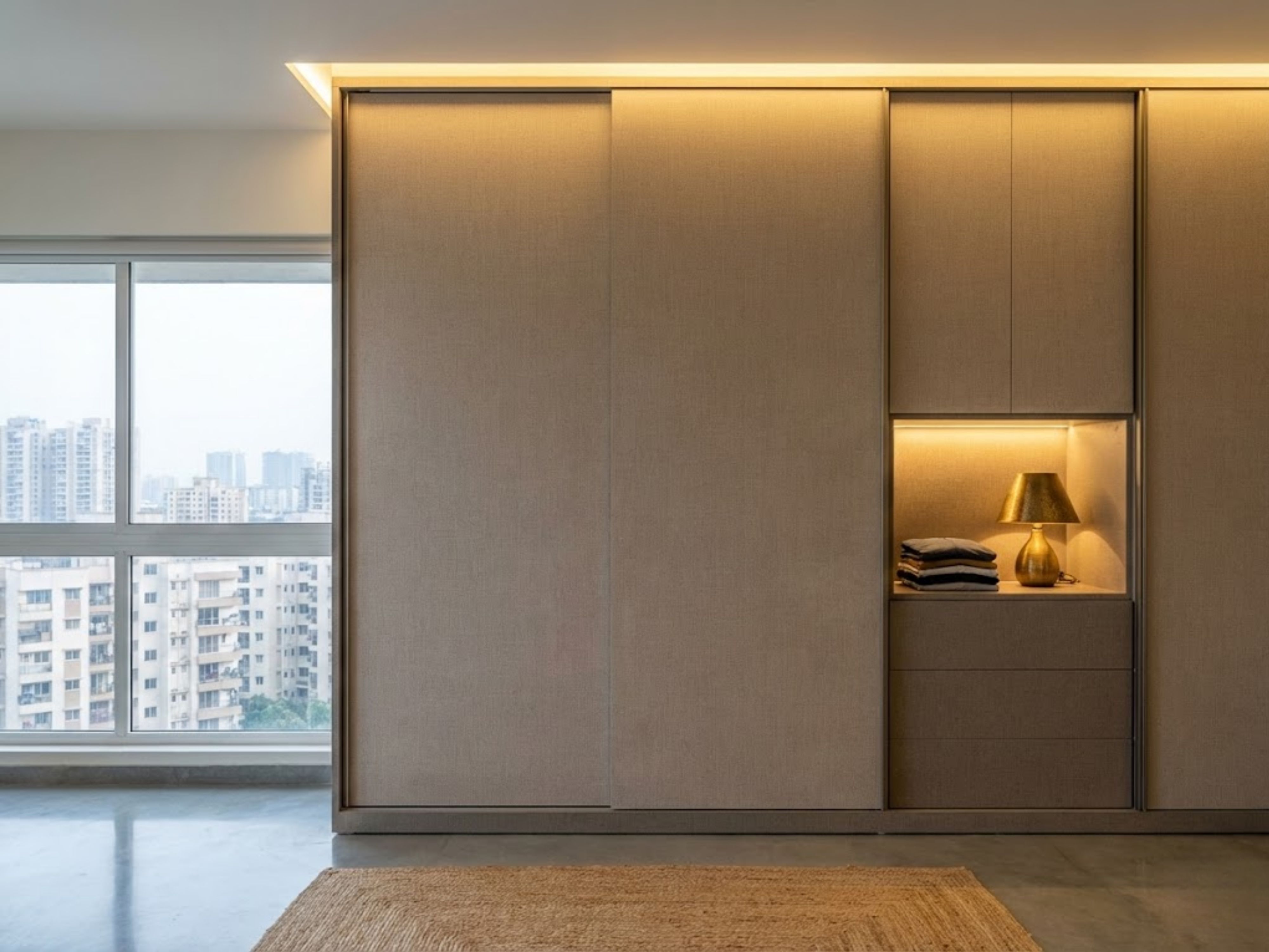 Sliding beige wardrobe with warm lighting and urban view - Beautiful Homes