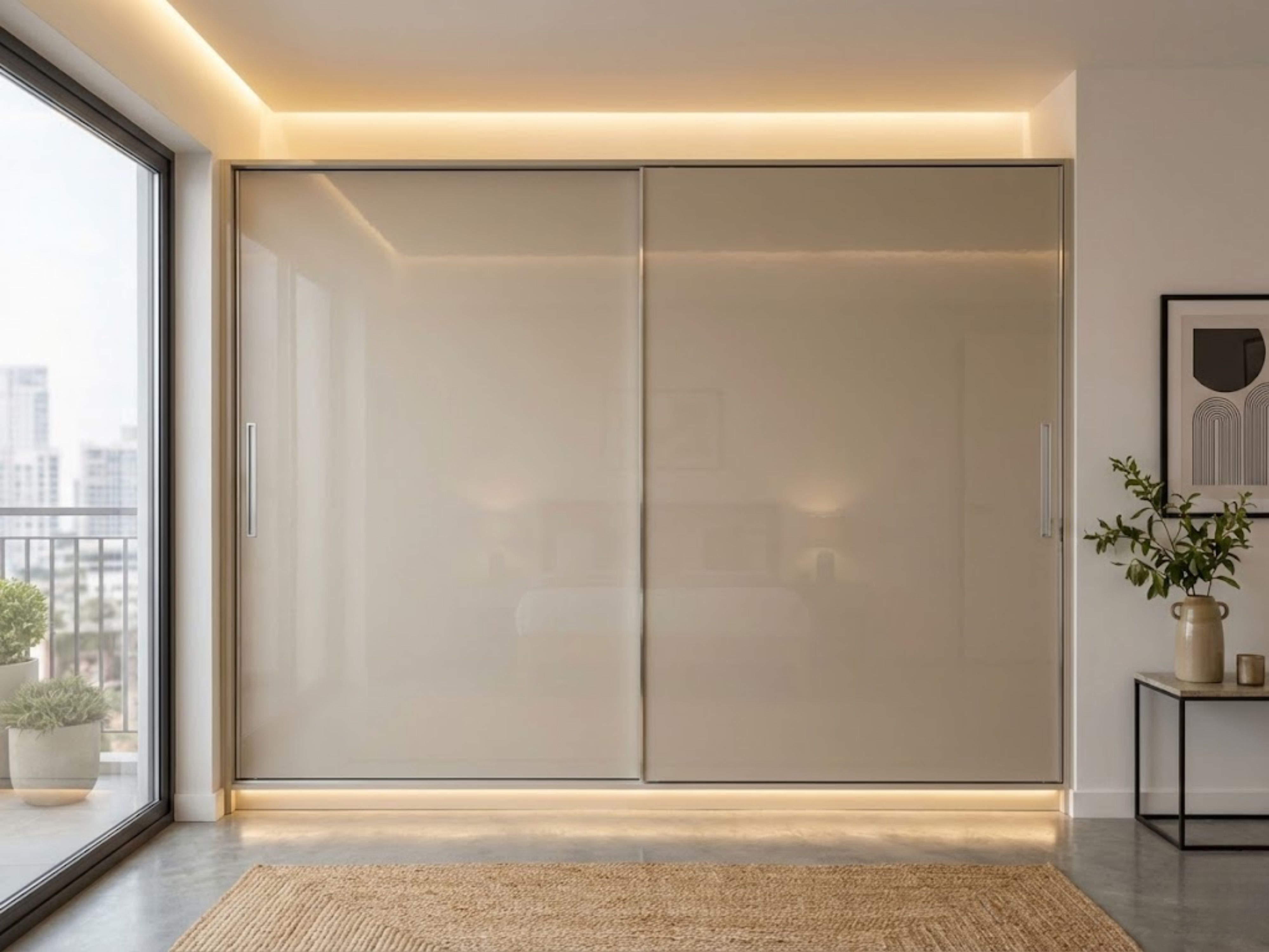 Glossy sliding wardrobe with beige finish and lighting - Beautiful Homes