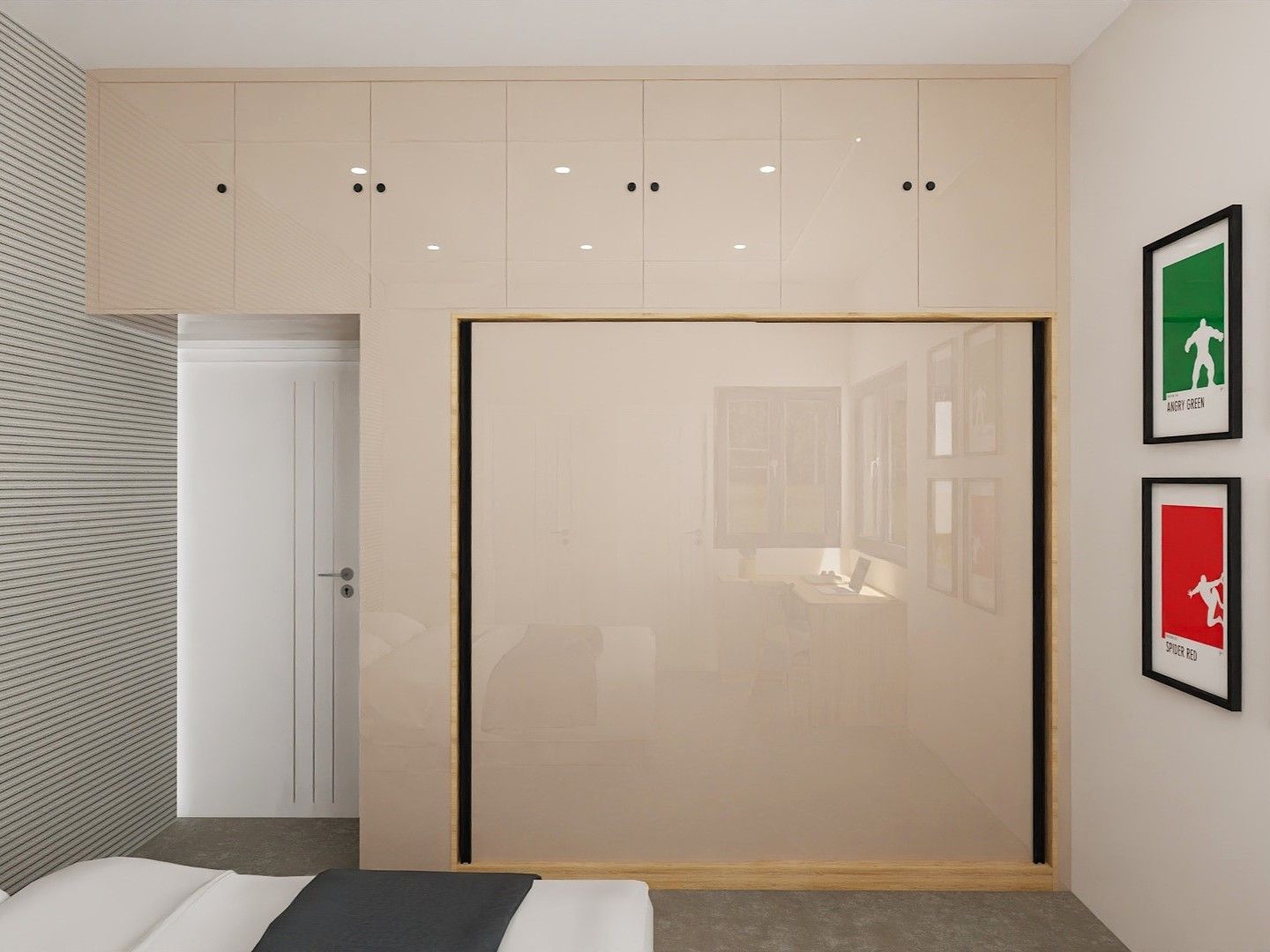 Contemporary wardrobe with glossy beige panels, a reflective sliding door, and overhead cabinets - Beautiful Homes