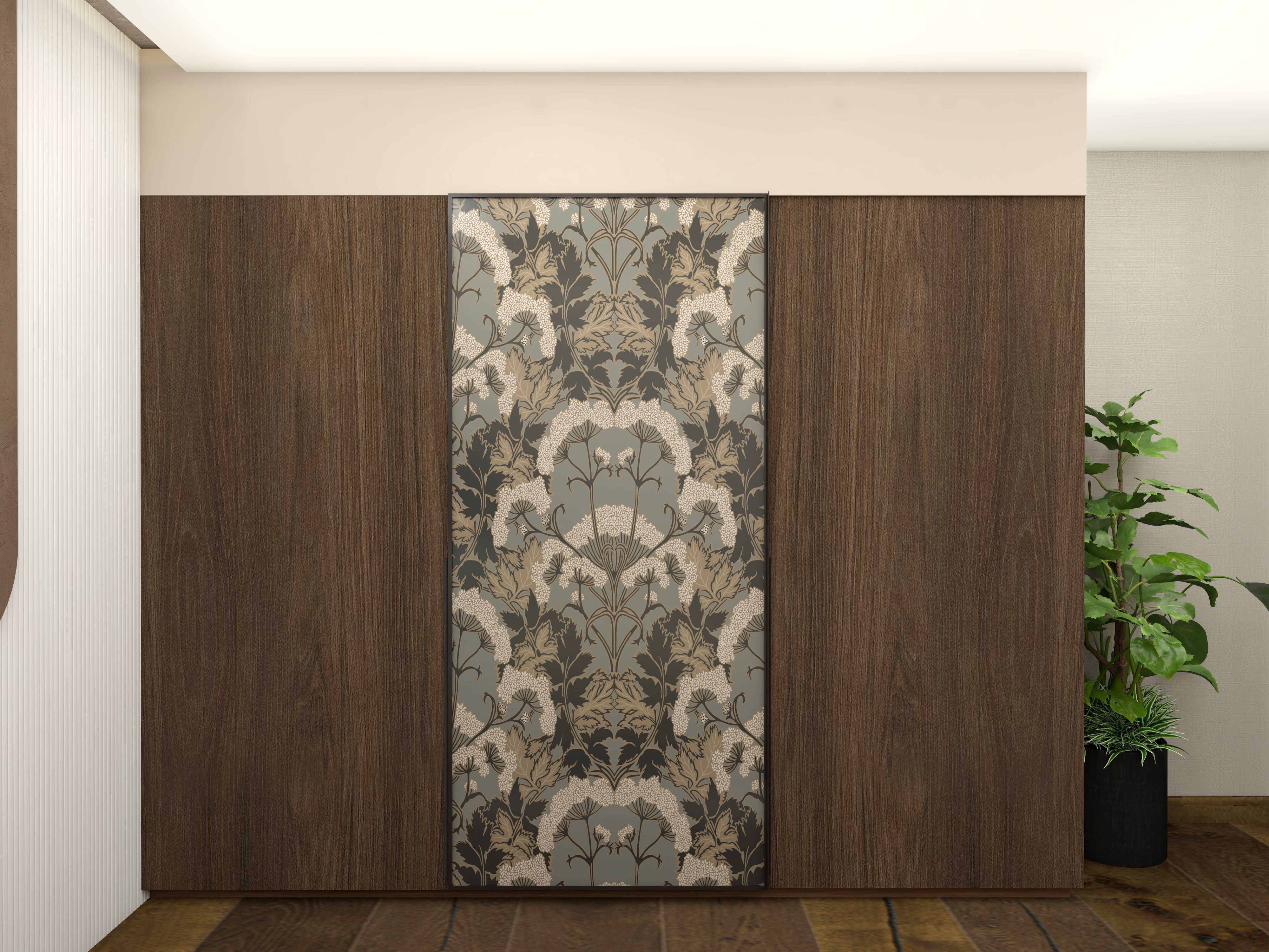 Sliding wardrobe with laminate finish and highlighter wallpaper in the center - Beautiful Homes