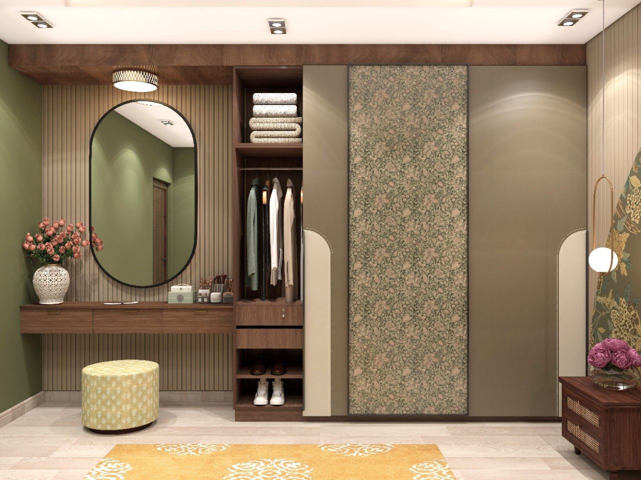 Sliding wardrobe with leatherette and wallpaper shutter along with dressing table - Beautiful Homes