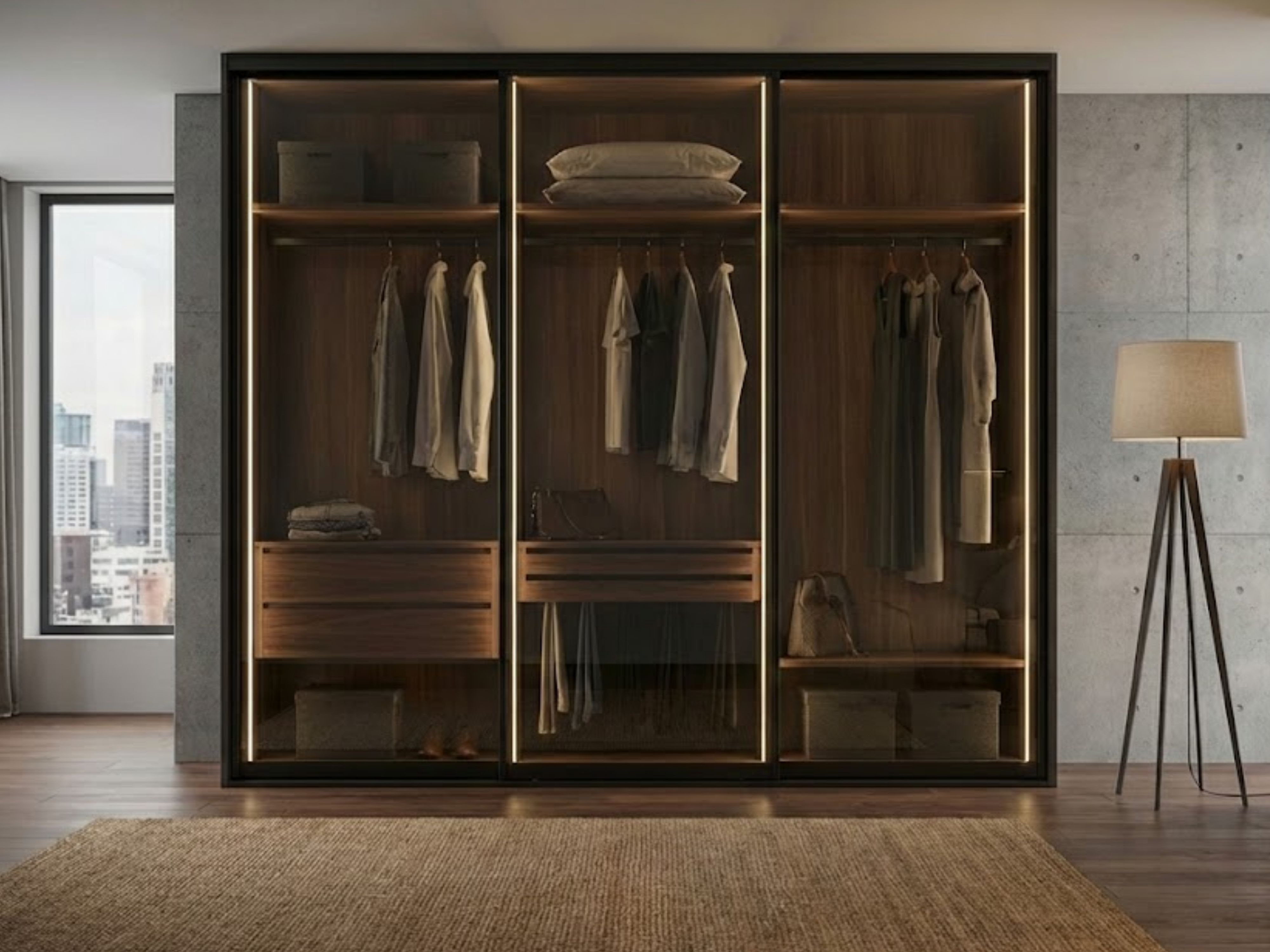 Minimalist bedroom with wooden wardrobe and beige décor - Beautiful Homes