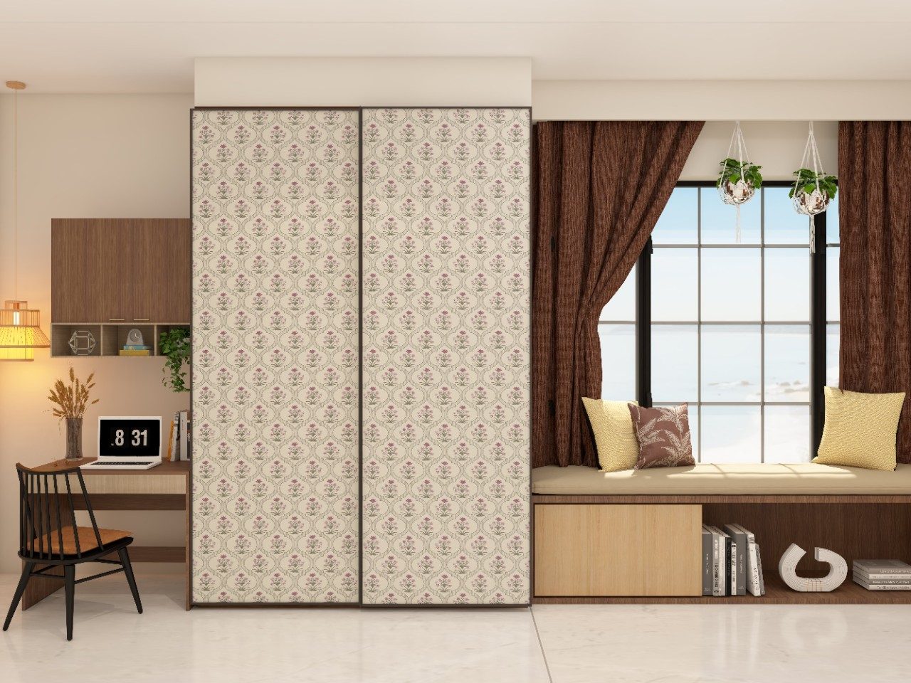 Sliding wardrobe with white printed wallpaper shutter - Beautiful Homes