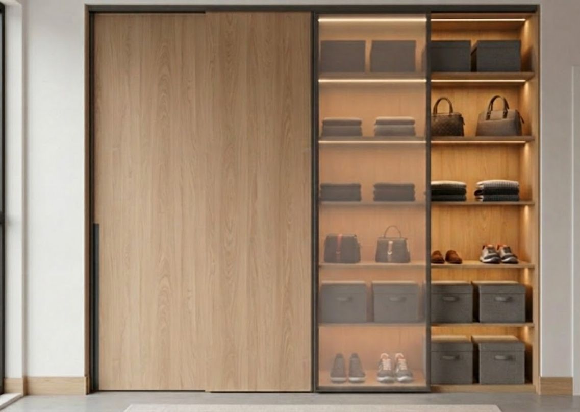 Modern wooden wardrobe with glass and lighting - Beautiful Homes