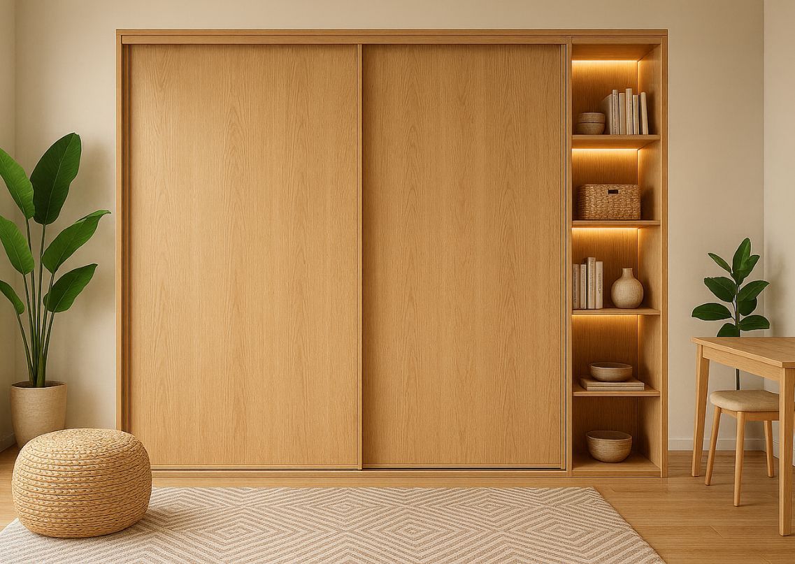 Wooden sliding wardrobe with open shelving - Beautiful Homes