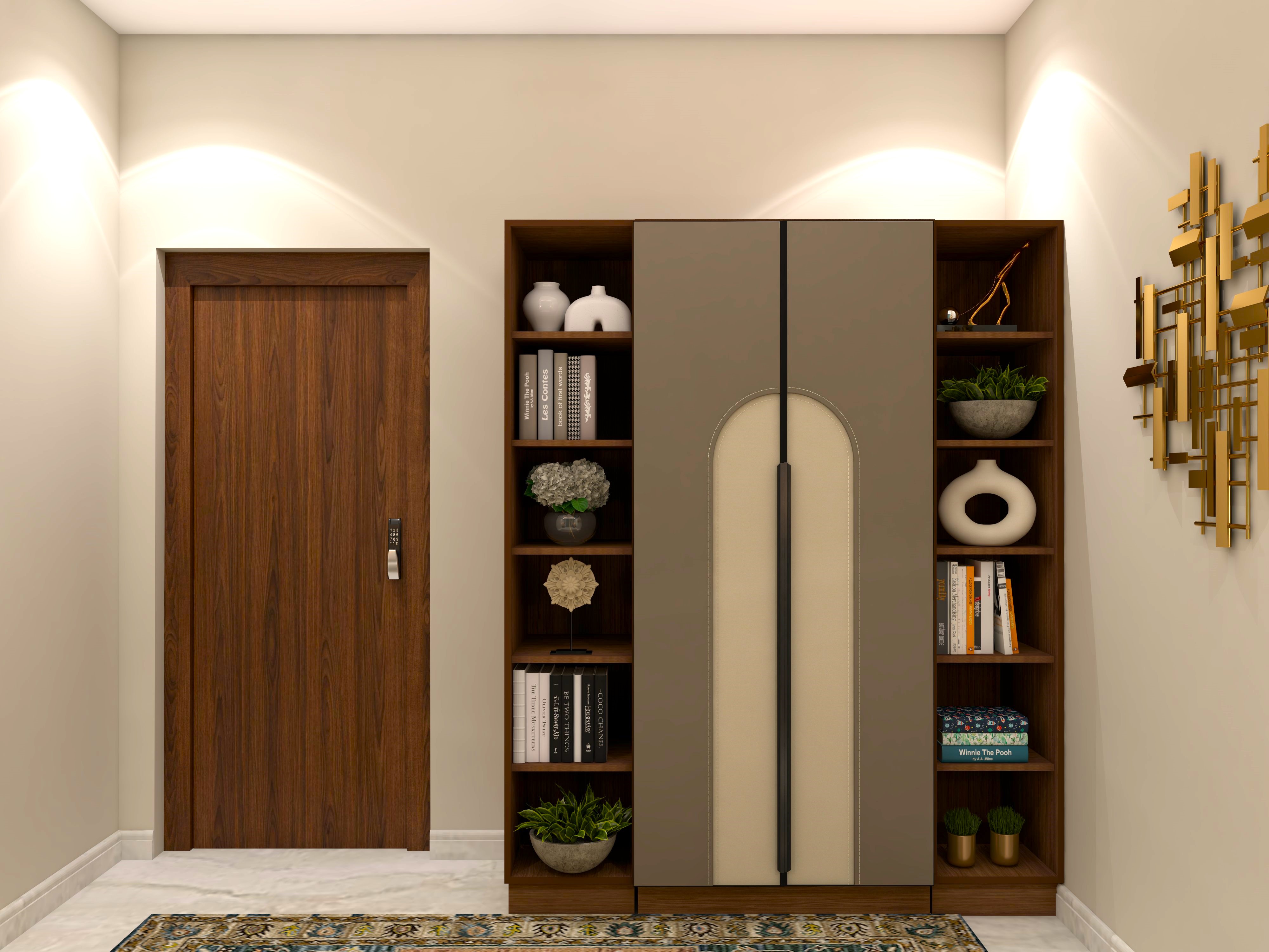 Small brown wardrobe with wooden built-in shelves-Beautiful Homes