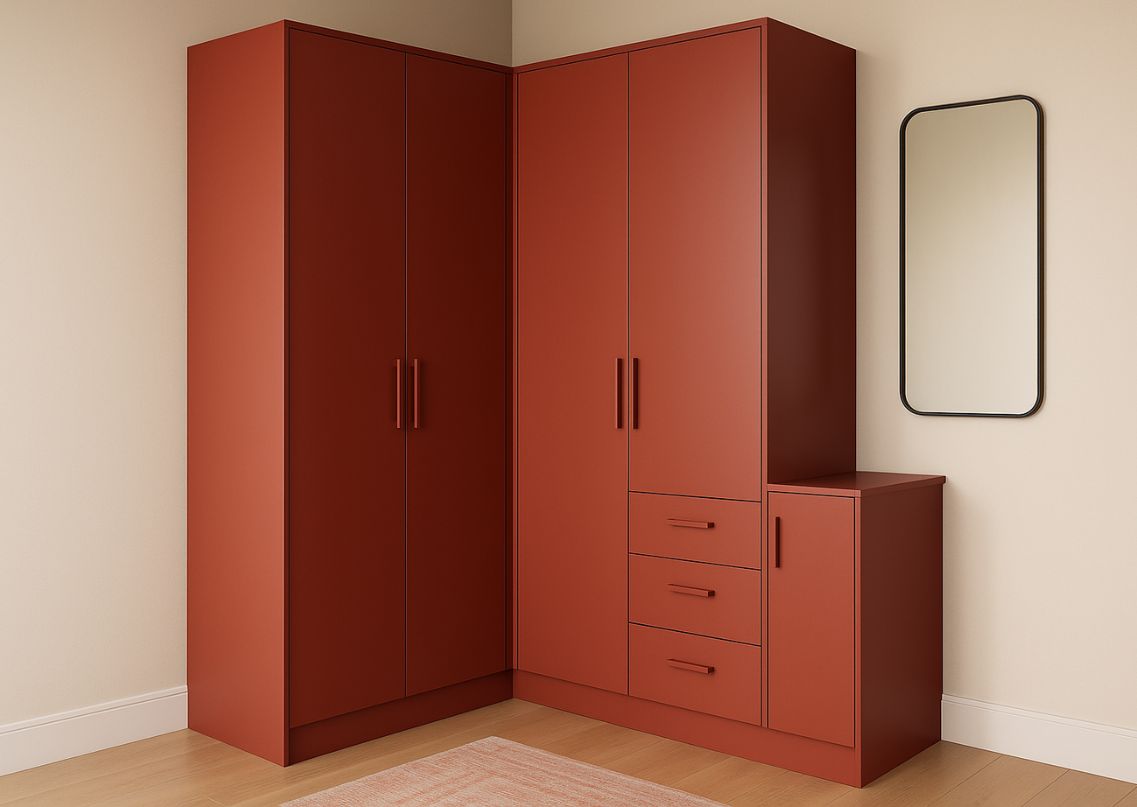 Red corner wardrobe with sleek handles and drawers - Beautiful Homes