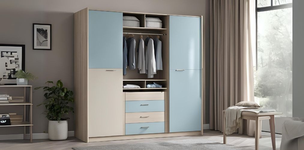 Small irish cream and pastel blue wardrobe design with drawers - Beautiful Homes